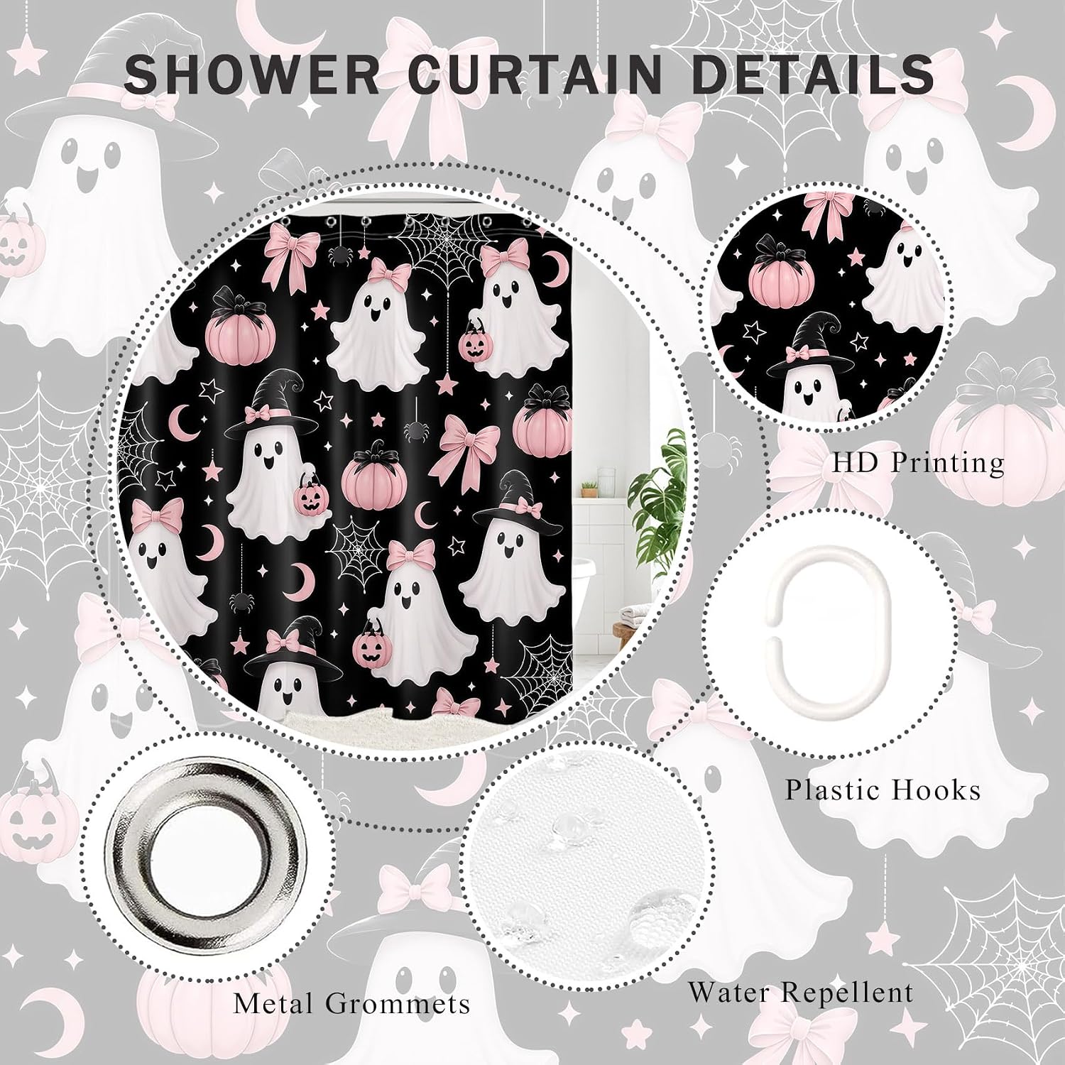 Pink Halloween Ghost Shower Curtain, Pink and Black, 72 X 72 inch | Cute Ghost Pumpkin and Bow Design, Polyester Fabric Halloween Bathroom Decor