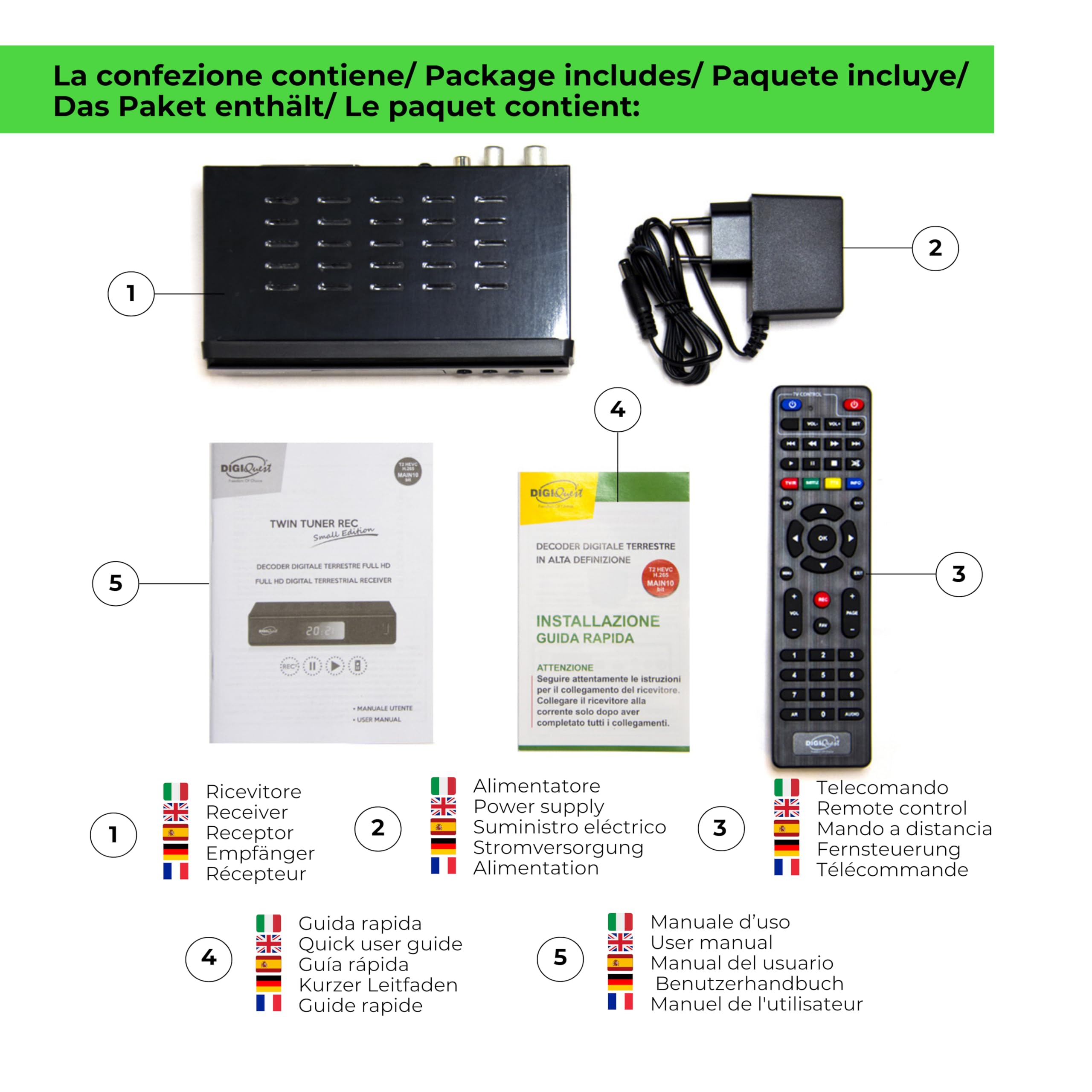 Digiquest Twin Tuner REC - Decoder Digitale Terrestre DVB-T2, Full HD, Funzione di Videoregistratore, Timeshift, Alimentazione 12V, Small Edition, Compatto, Nero