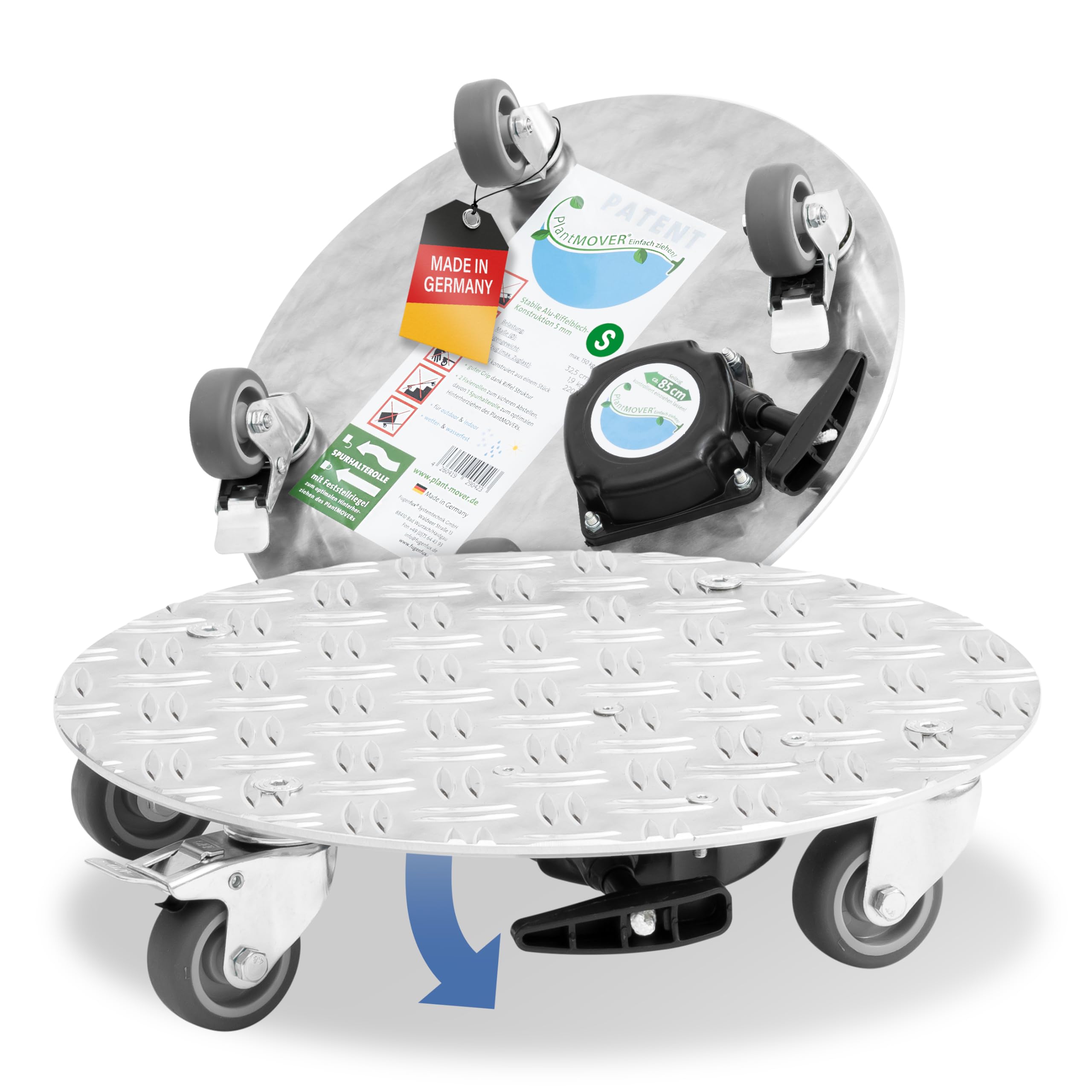 PlantMOVER Pflanzenroller mit Seilzug - 150kg Tragkraft 32,5cm rund - mit robusten Rollen - aus Aluminium-Riffelblech für besten Grip - Rollbrett für Pflanzen - Einfach ziehen Made in Germany