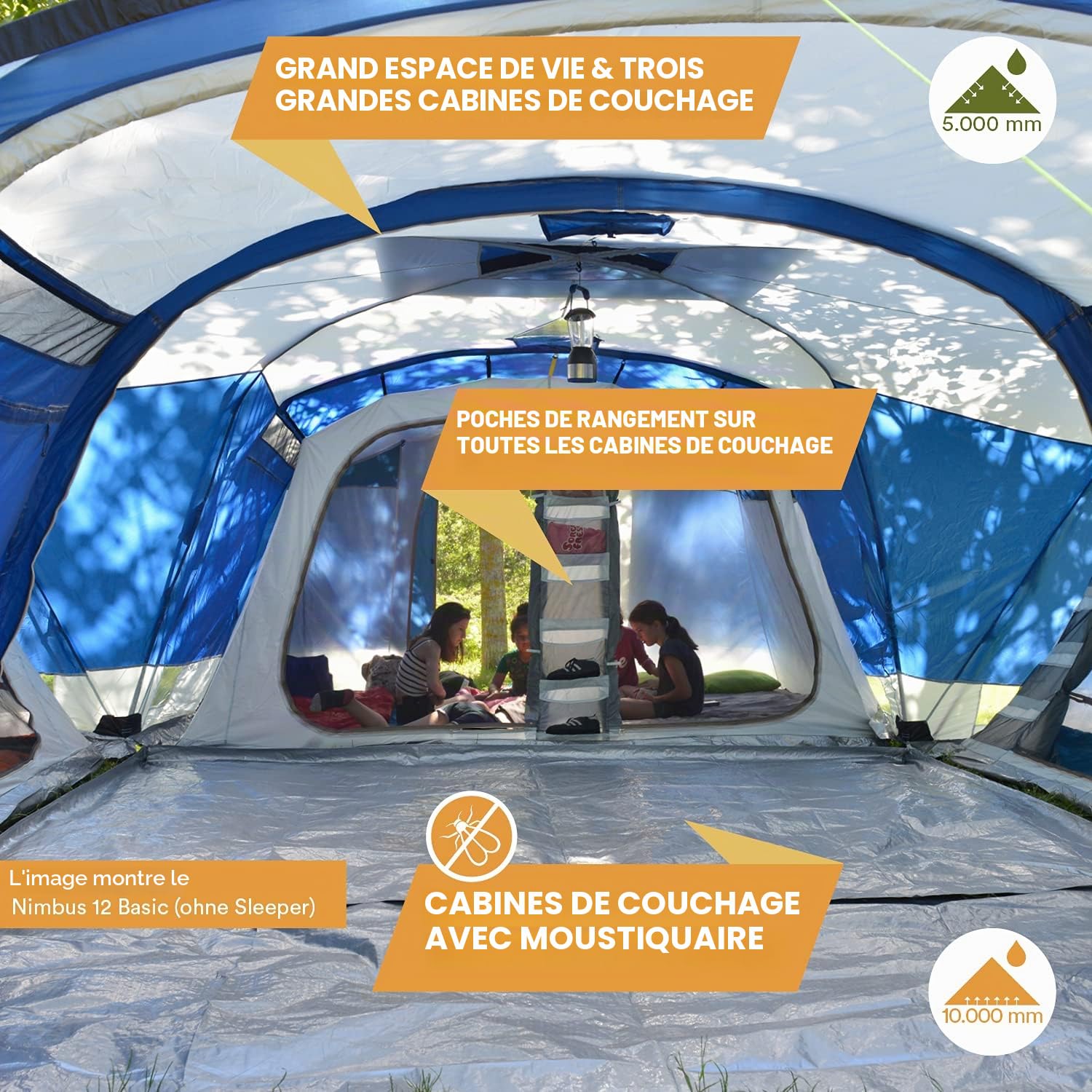 Skandika Tente familiale Nimbus pour 12 Personnes | Tente de Camping avec/sans Technologie Sleeper, avec/sans Tapis de Sol Cousu, étanche, Hauteur 2,15 m