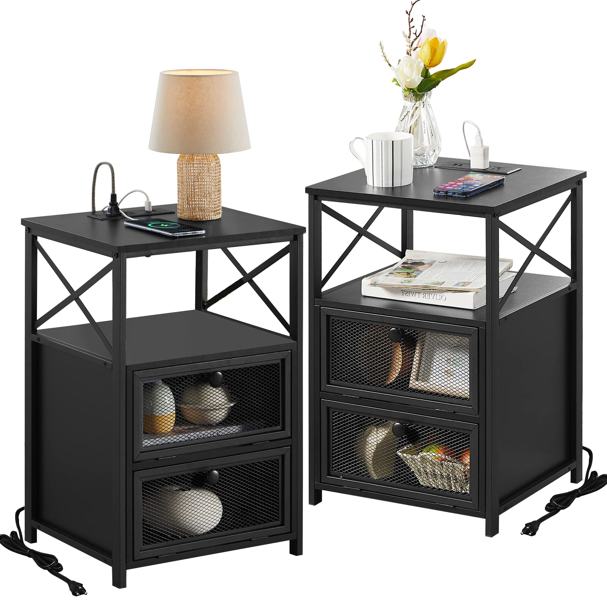 VECELO Black End Table Set of 2 with USB Ports and Outlets,24Inch Nightstands with Charging Station and Storage Shelf for Bedroom,Living Room