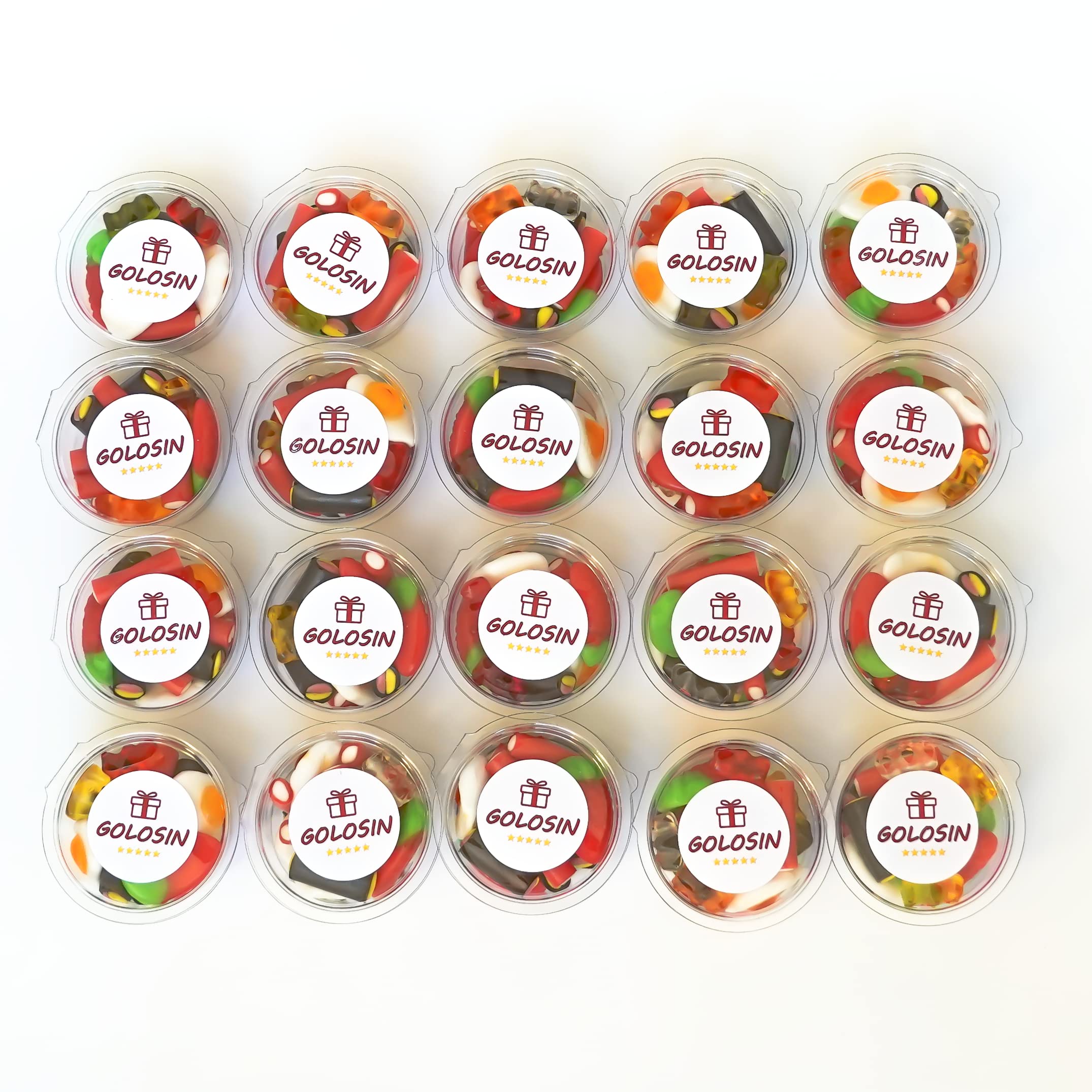 Assortiment de bonbons : Kit Golosin avec 1 kg bonbons et 20 Pots de 100 ml.