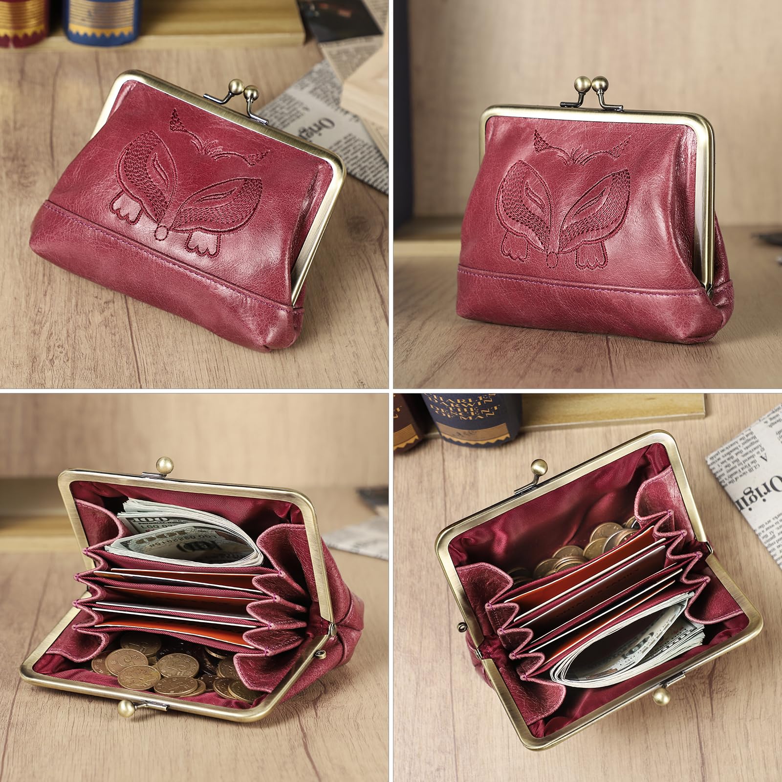 Contacts Kiss Clap Geldbörse aus Leder für Damen, Vintage-Kartenhalter, klein, niedliches Kleingeldbörse, Wunderschönes Pink, Vintage-Stil