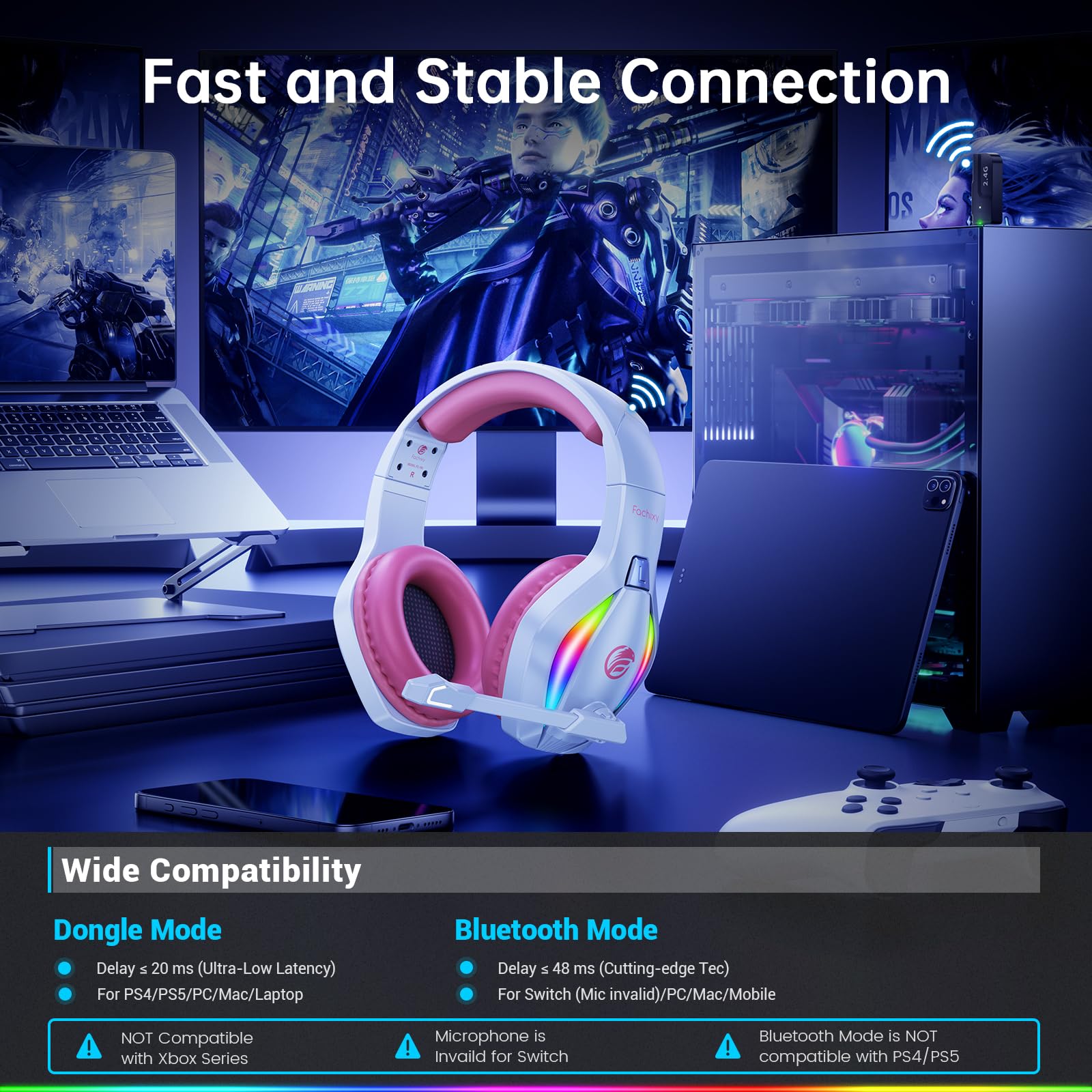 Fachixy FC-100 Bluetooth Headset, 2,4G Gaming Headset Wireless mit Mikrofon für PS5, PS4, PC, Switch, Mac, Surround Sound Noise Cancelling Kopfhörer mit LED Licht, Über 50 Stunden Akkulaufzeit