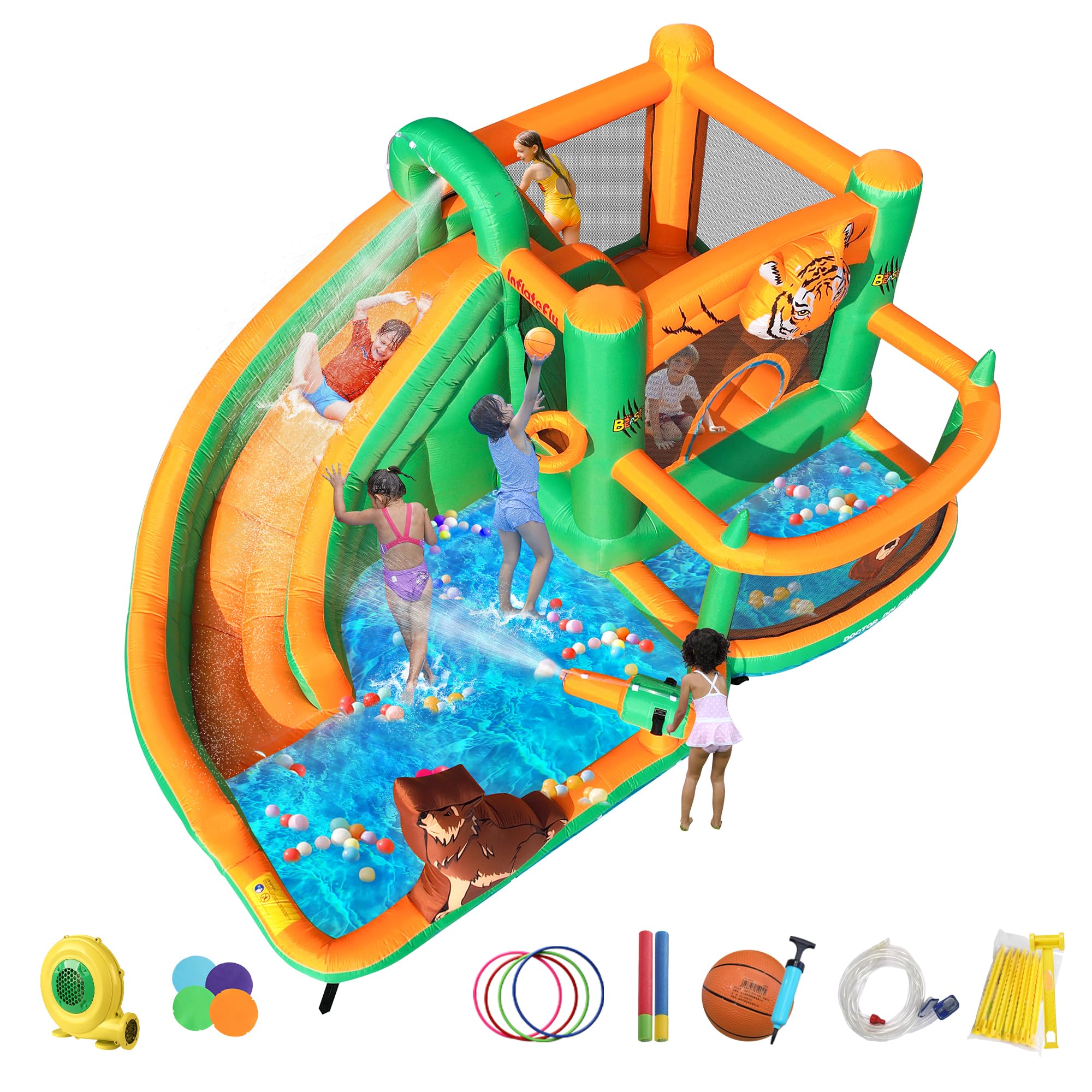 INFLATEFLY Inflatable Bounce House for Kids, Large Playhouse Castle with Blower, Ball Pit Pool, Jumping, Climbing Wall, Water Slide for Kids and Toddlers Park Backyard Party Birthday