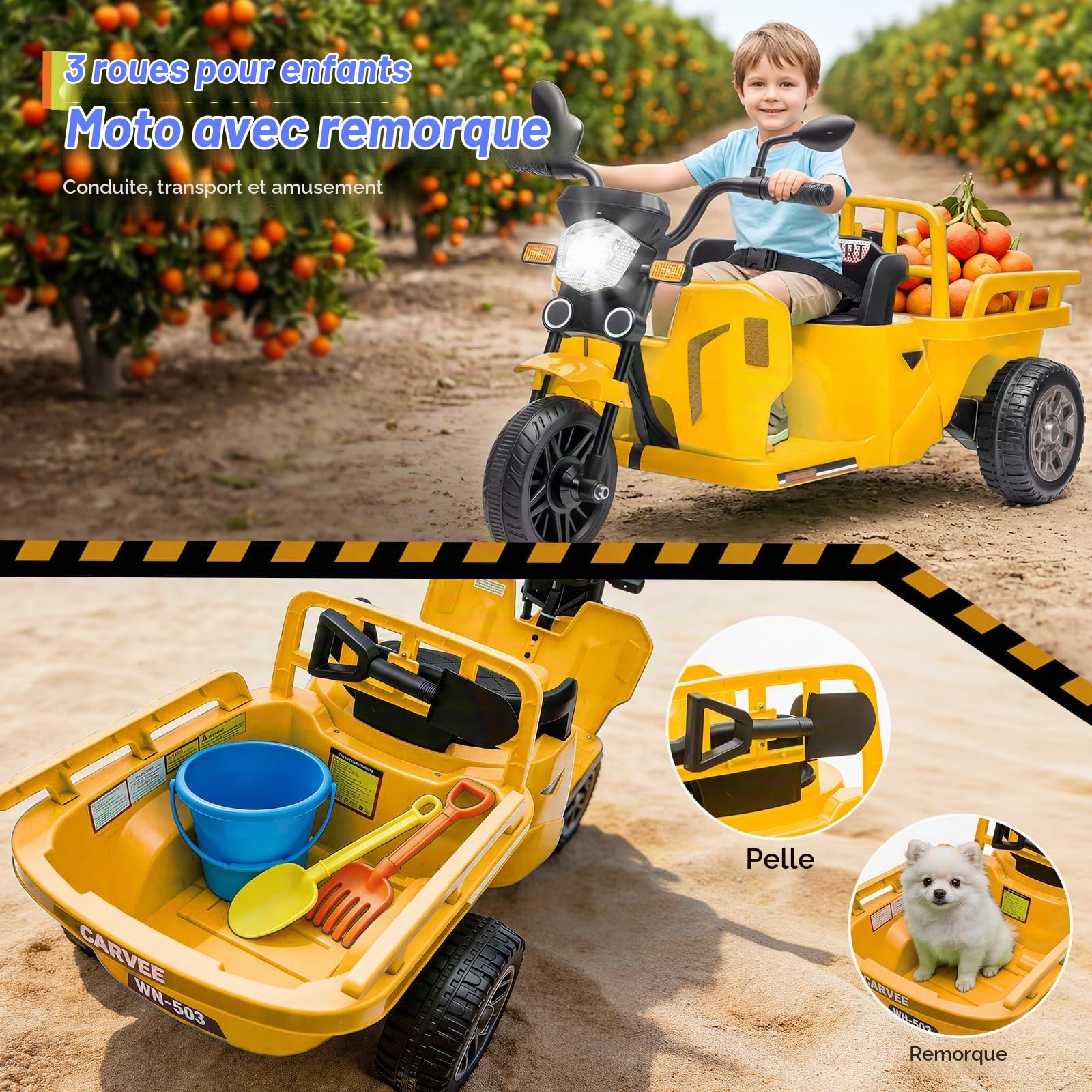 Garvee Tracteur Électrique Enfant 12V avec Remorque et Benne-Pelle, Tuk-Tuk Électrique, Tricycle 3 Roues avec Musique, LED, Klaxon, Cadeaux pour Enfants 3-8 Ans – Jaune