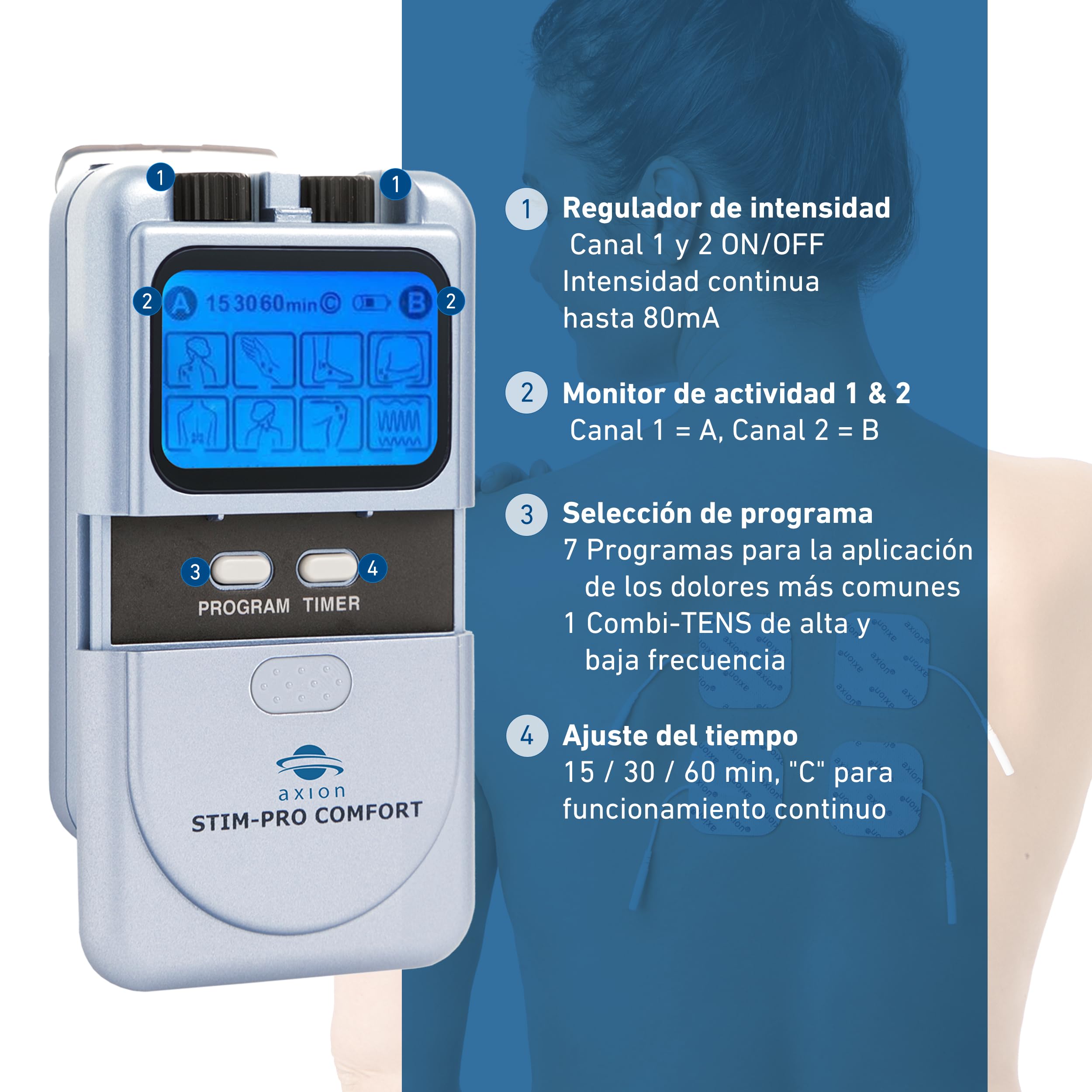 axion Electroestimulador Muscular TENS STIM-Pro Comfort | Aparato de Corrientes de electroestimuación para Tratar y aliviar el Dolor