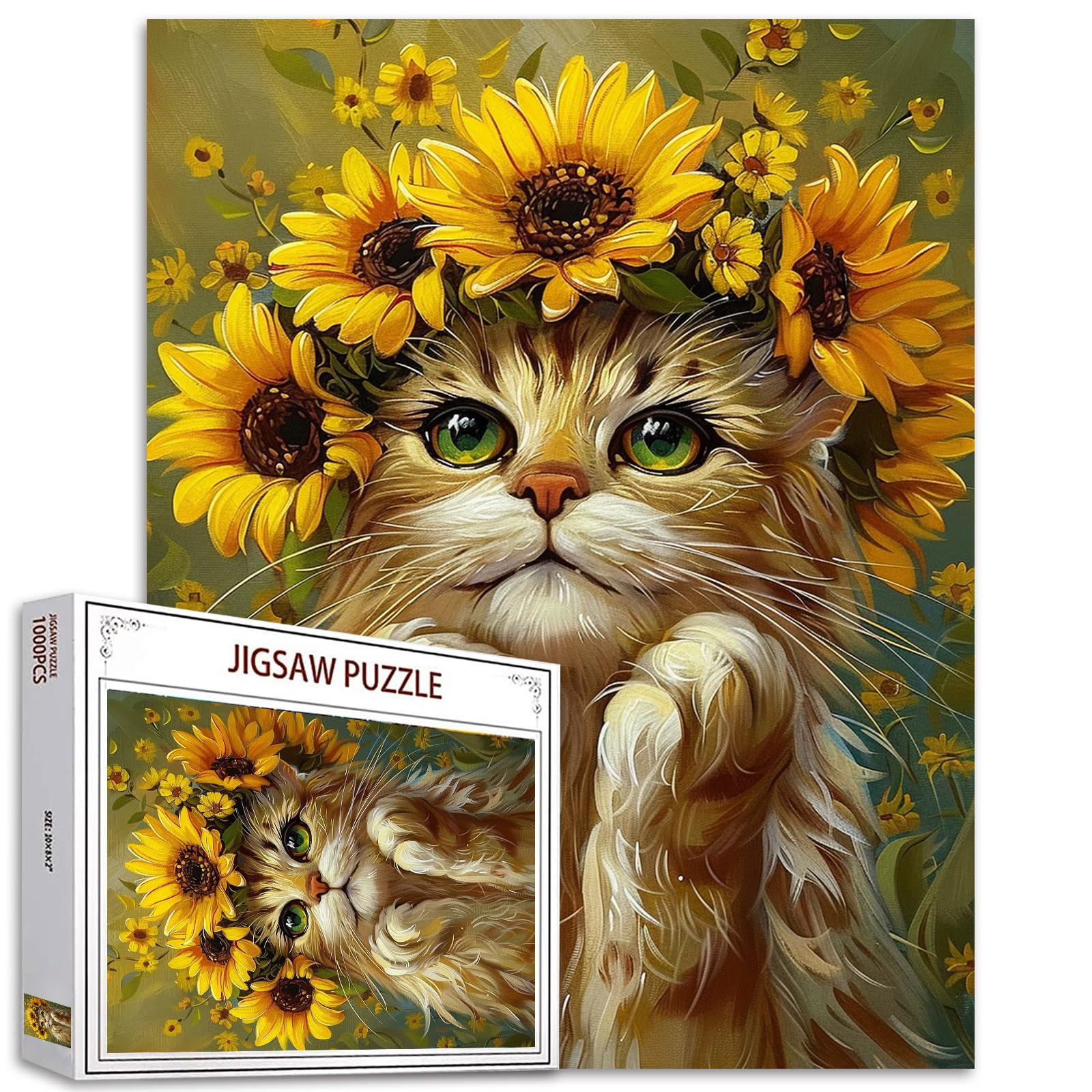 Tucocoo 1000 Piece Jigsaw Puzzles for Adults Cat Portrait Painting Puzzle Sunflowers Wreath Animal Art 1000 Pieces Puzzles for Challenging Family Activity Game Colorful DIY Puzzle Wall Decor Gifts