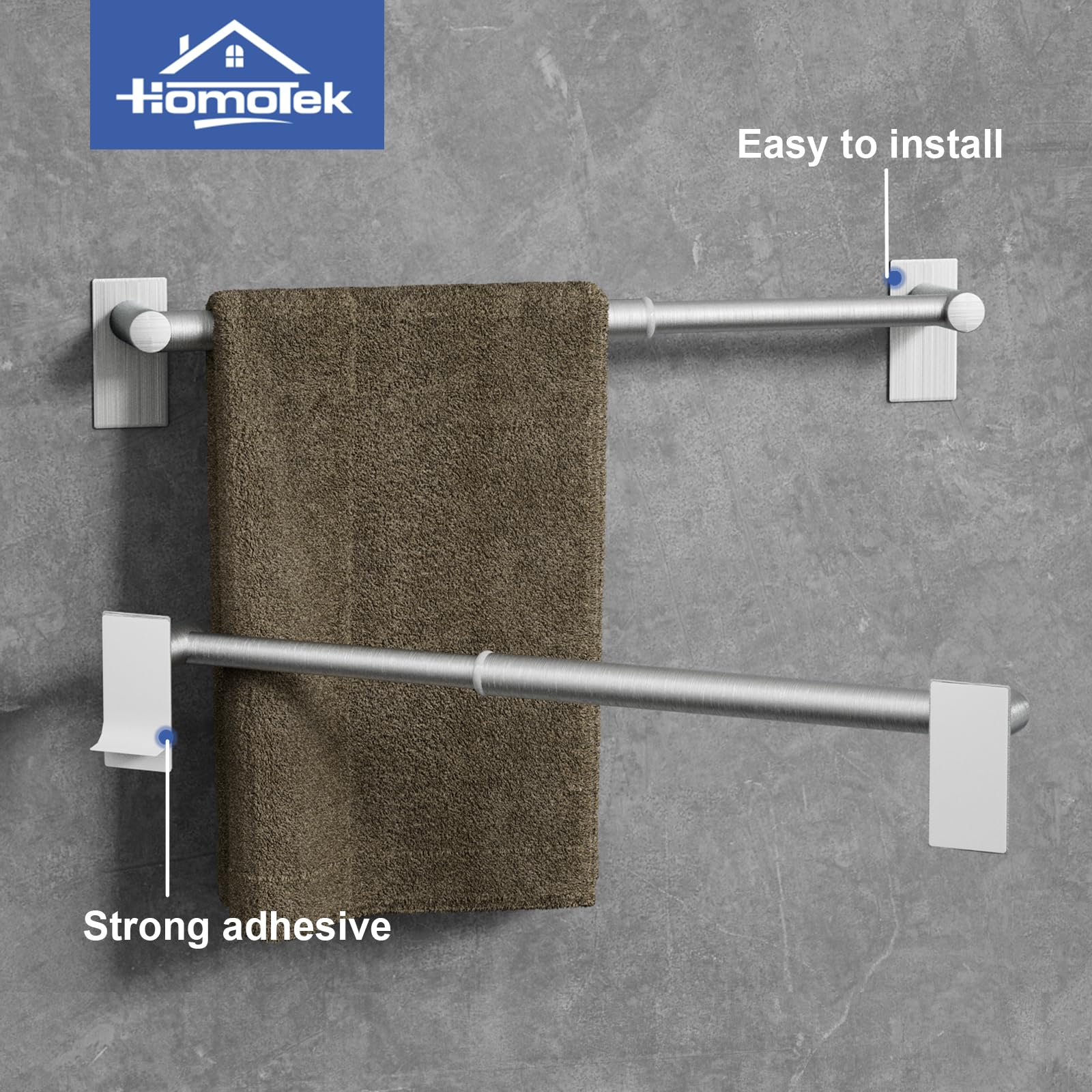 HOMOTEK Towel Bar Adjustable Self Adhesive Bathroom Towel Holder, Towel Rod Size from 14 Inch to 24.5 Inch Single Towel Racks, Towel Hanger Towel Hook for Bathroom, Kitchen(2 Pack Brushed Nickel)