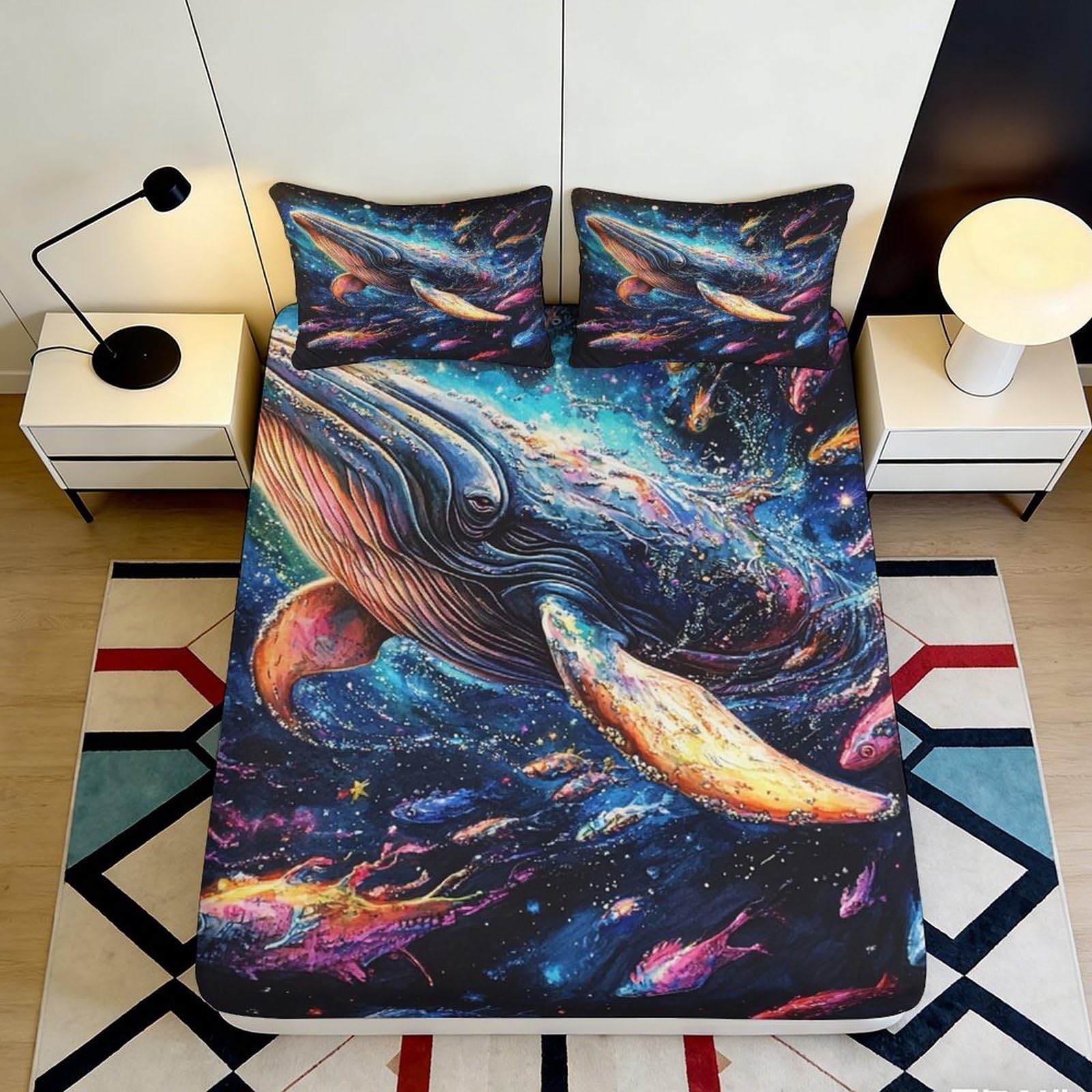 3D Printed Galaxy Whale Fitted Sheet Microfiber Soft Deep Blue Cosmic Ocean Mattress Cover for Bedroom Dorm Apartment Decor 90x200x25cm