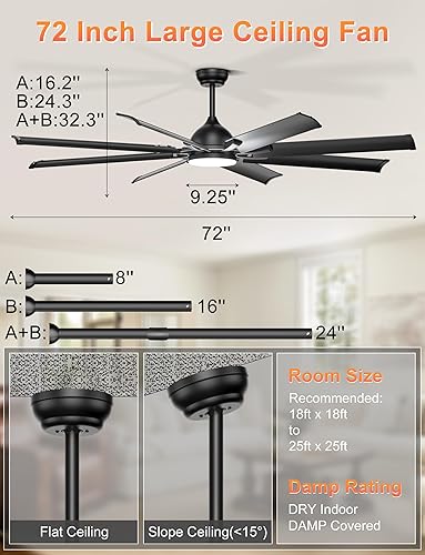 Miniatura 6 de Ohniyou Ventilador de techo industrial de 72 pulgadas con control remoto de luces, ventilador de techo grande negro con 8 aspas de aluminio, 3 CCT,