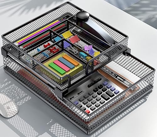 Organizador de papel de malla metálica 2 en 1, organizador de cajones de escritorio, bandeja de cartas, bolígrafos, lápiz, bandeja organizadora de