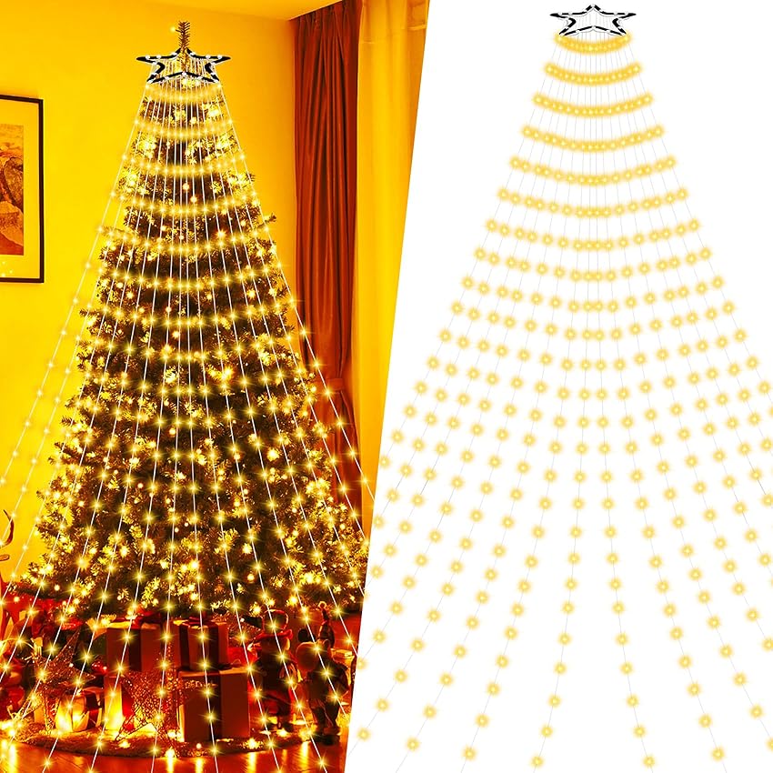 Luci Albero di Natale Interno Esterno 400 LED 2,5 Metri 16 Fili, Lucine Luci Albero di Natale a Cascata LED IP44 Impermeabile, Illuminazione Catena Luminosa Esterno Natalizia 8 Modalità, Bianco Caldo