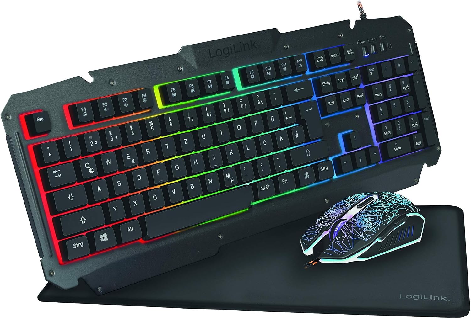 Logilink ID0185 Gaming Set including a black keyboard with rainbow backlighting, a black illuminated gaming mouse, and a black mouse pad.