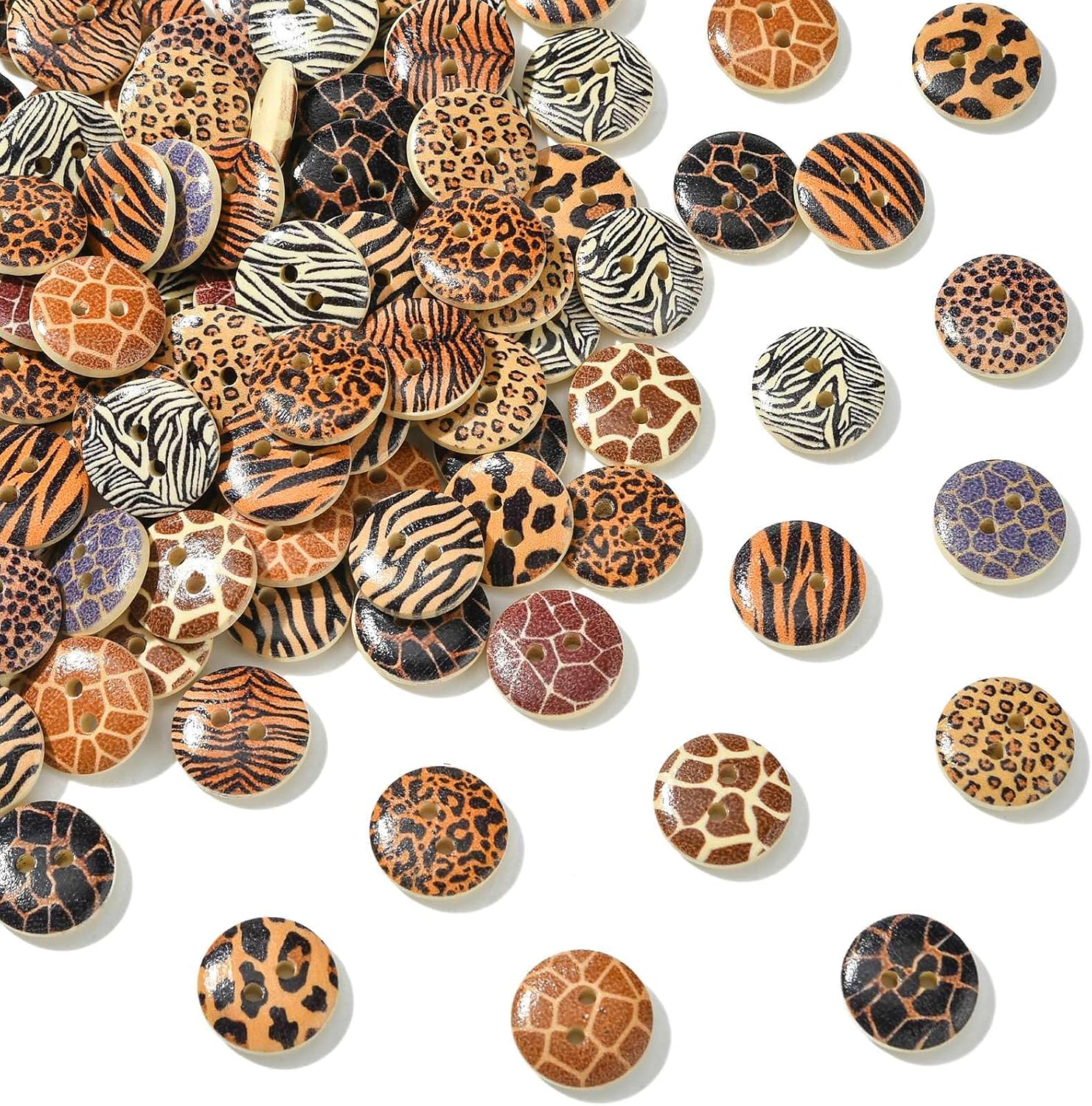 LiQunSweet 100 Pcs Leopard Print Wood Buttons 2-Hole Flat Round Animal Pattern Wooden Leopard Print Button for Craft Sewing Clothing Art DIY Supplies