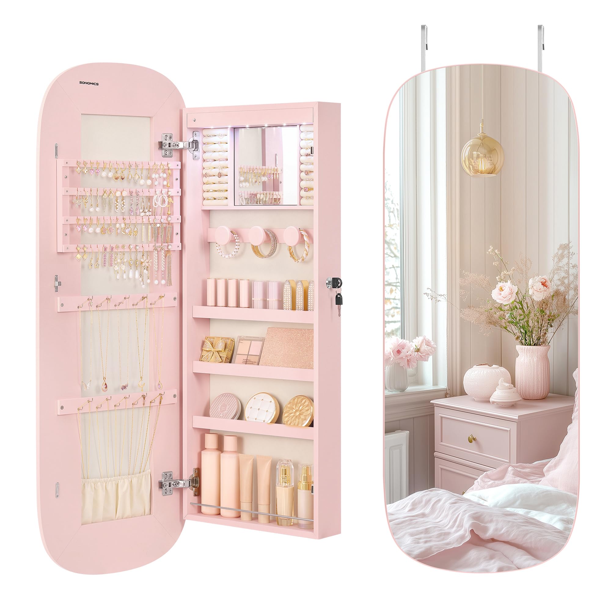 SONGMICS LED Jewelry Cabinet with Mirror, Jelly Pink