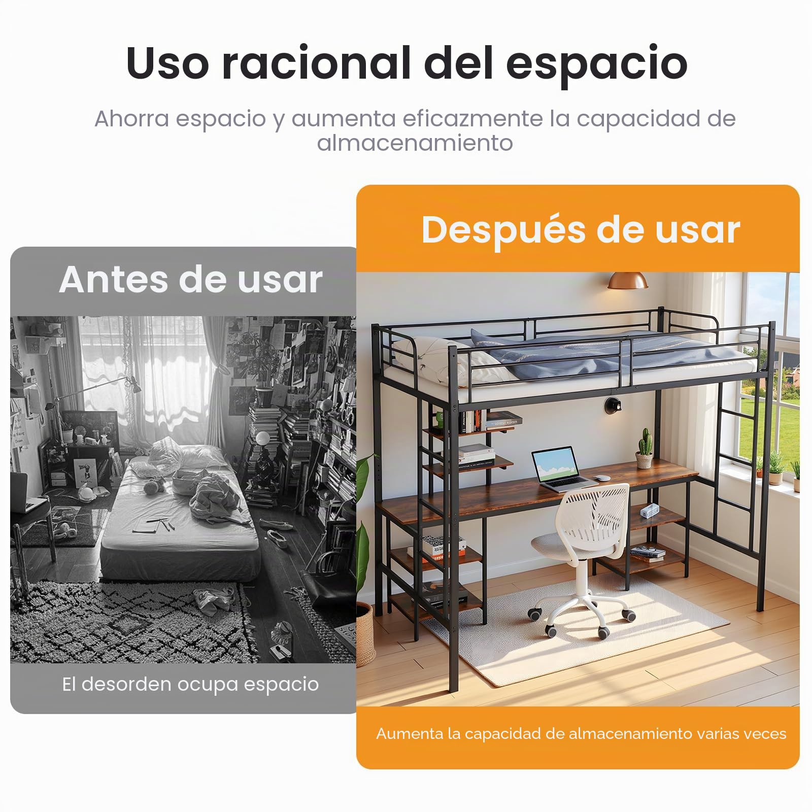 DORAFAIR Cama Mezzanine 90x200 cm de Metal con Escritorio, 3 Estantes y 2 Escaleras, Cama Mezzanine para Niños y Adultos con Láminas de Metal y Barandilla, Estilo Industrial, Negro