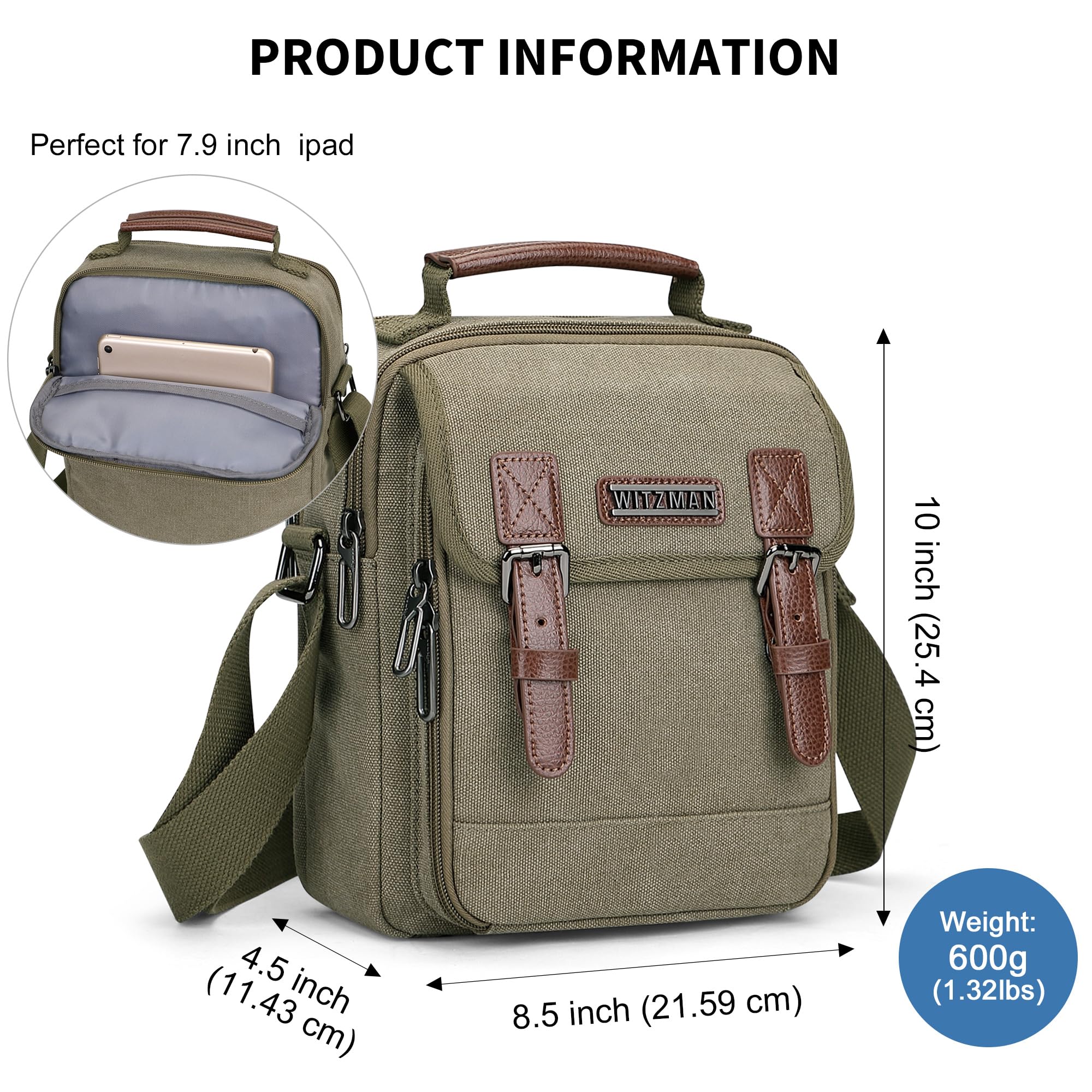 WITZMAN Sacoche Bandoulière Homme Toile Vintage 8L | Style Vintage, Plusieurs Poches, Bandoulière Réglable et Rangement Pratique pour Travail, Loisirs, Quotidien, A8015