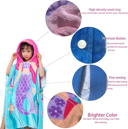 Miniatura 5 de Ponchos con capucha para niños, bata de baño 100% algodón súper suave para niños, bata cambiadora para playa, toalla de natación (L, sirena)