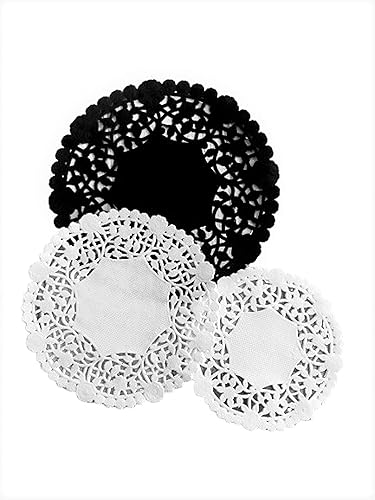 The Baker Celebrations Paquete combinado de 150 tapetes redondos Juego de encaje de papel blanco y negro, varios tamaños de 4 5 y 6 pulgadas