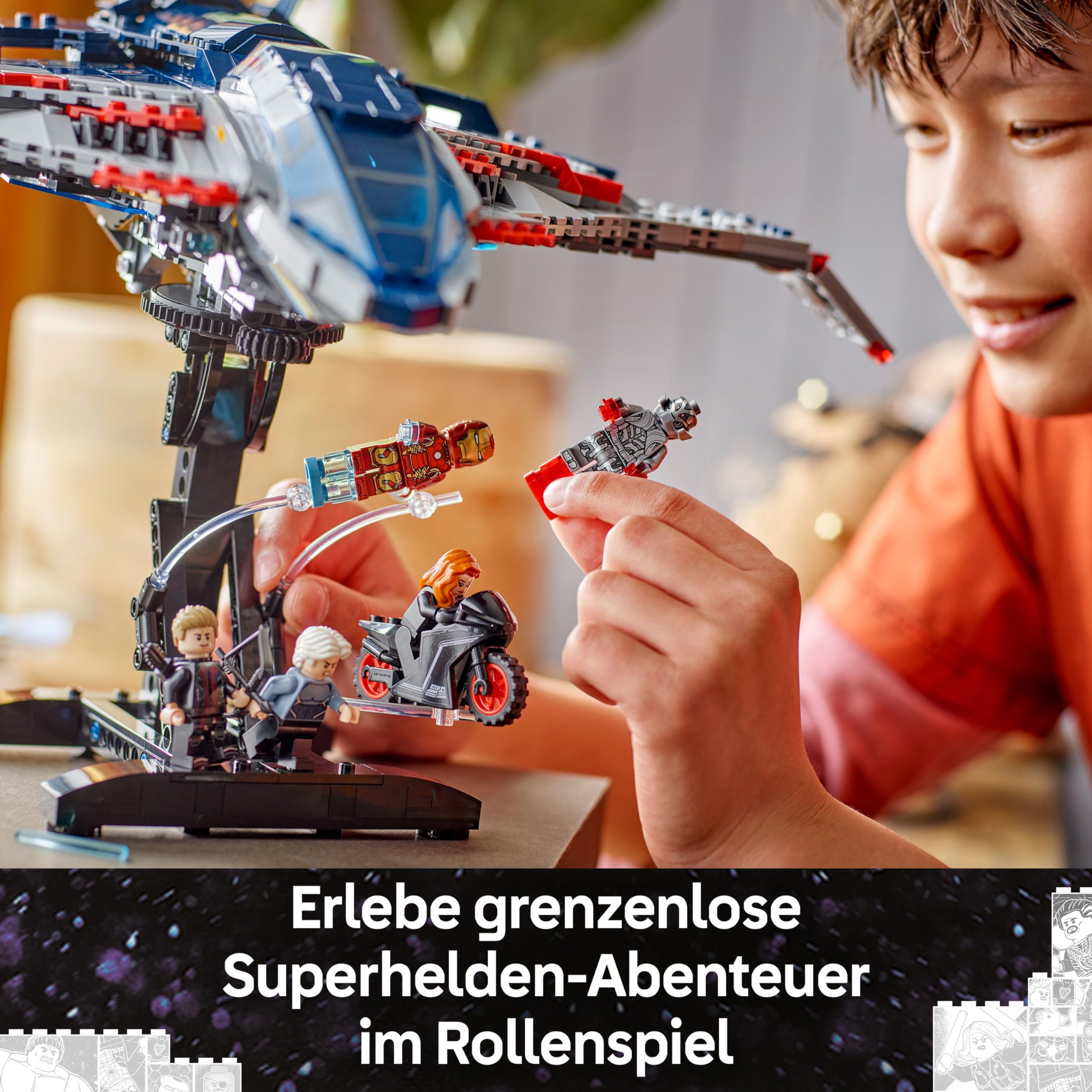 LEGO | Marvel Avengers: Age of Ultron Quinjet – Superhelden Spielzeug Flugzeug mit Motorrad und 5 Minifiguren, darunter Iron Man, Black Widow und Ultron – Geschenk für Jungen ab 12 Jahren – 76325