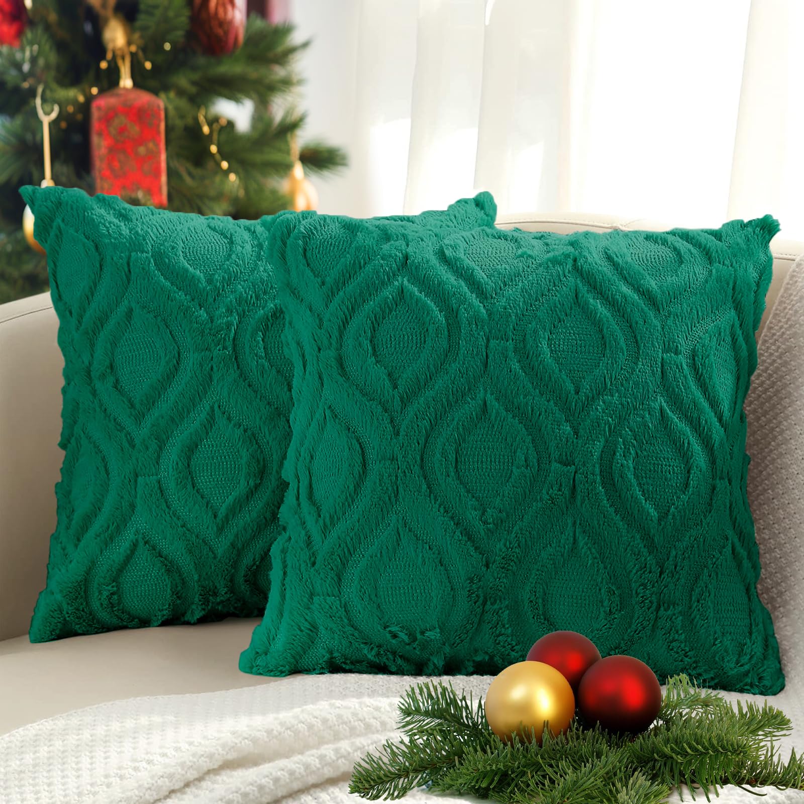 decorUhome Faux Fur Plush Soft Green Throw Pillow Covers 22x22 Set of 2