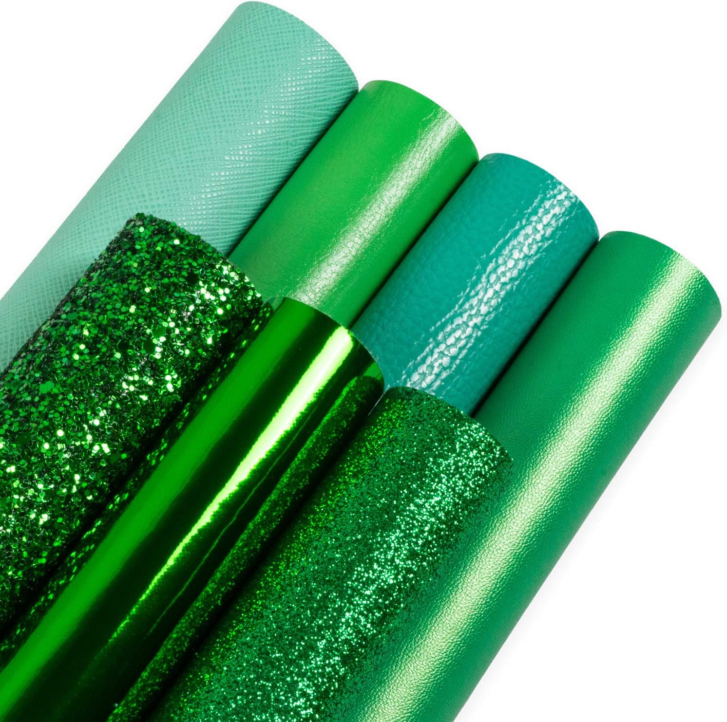 Caxilee Green Faux Leather Sheets Multi-Material Combination with Glitter PU Fabric Leather Sparkle Texture, 7PCS A4 Size for Christmas Leather Fabric Craft DIY Project (Green Set)