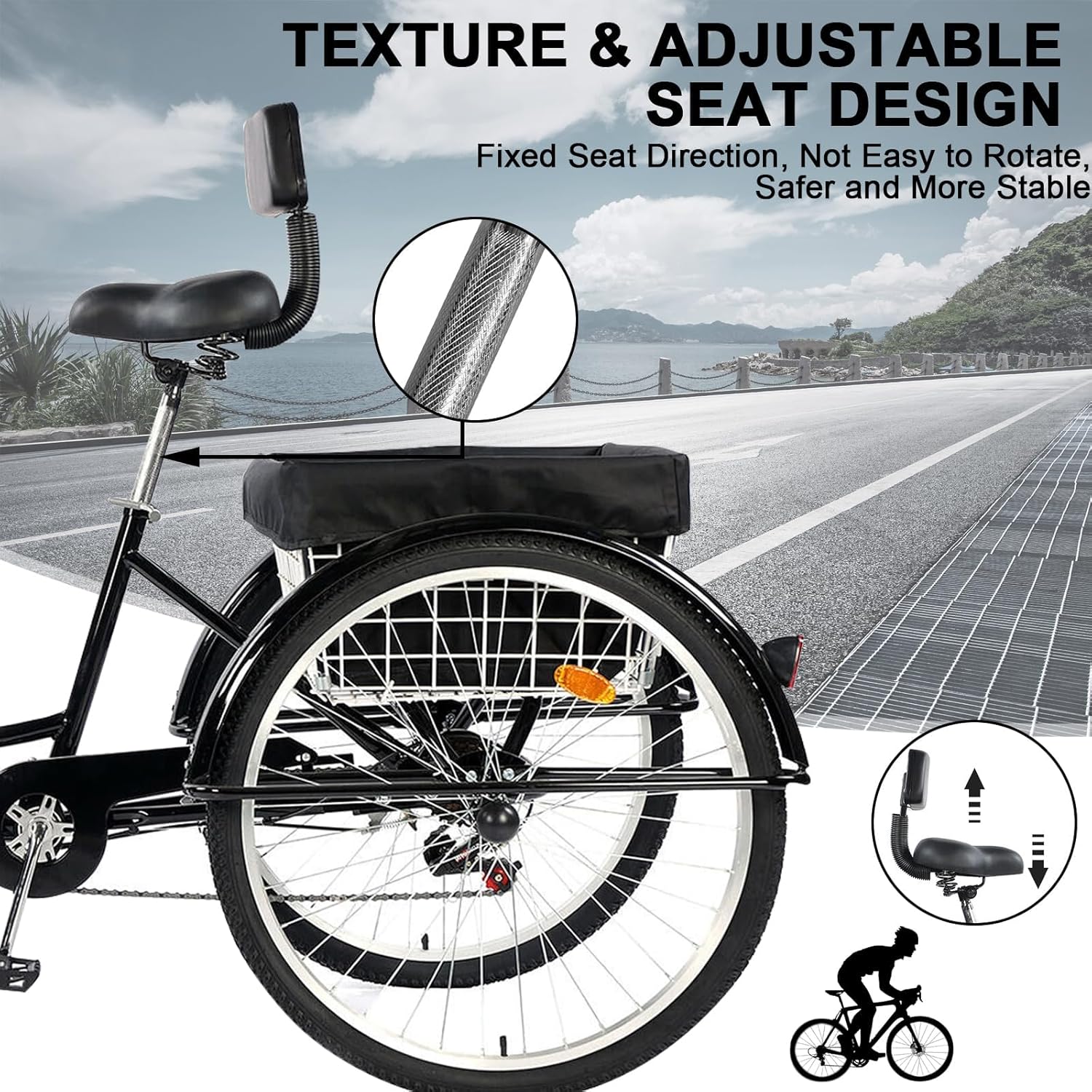 26 Inch Adult Tricycle 7 Speed, 3 Wheel Bikes Tricycle for Adults, Adult Trike for Women/Men/Seniors, Three Wheel Cruiser Bike w/Rear Basket for Shopping/Recreation/Picnic (Black)