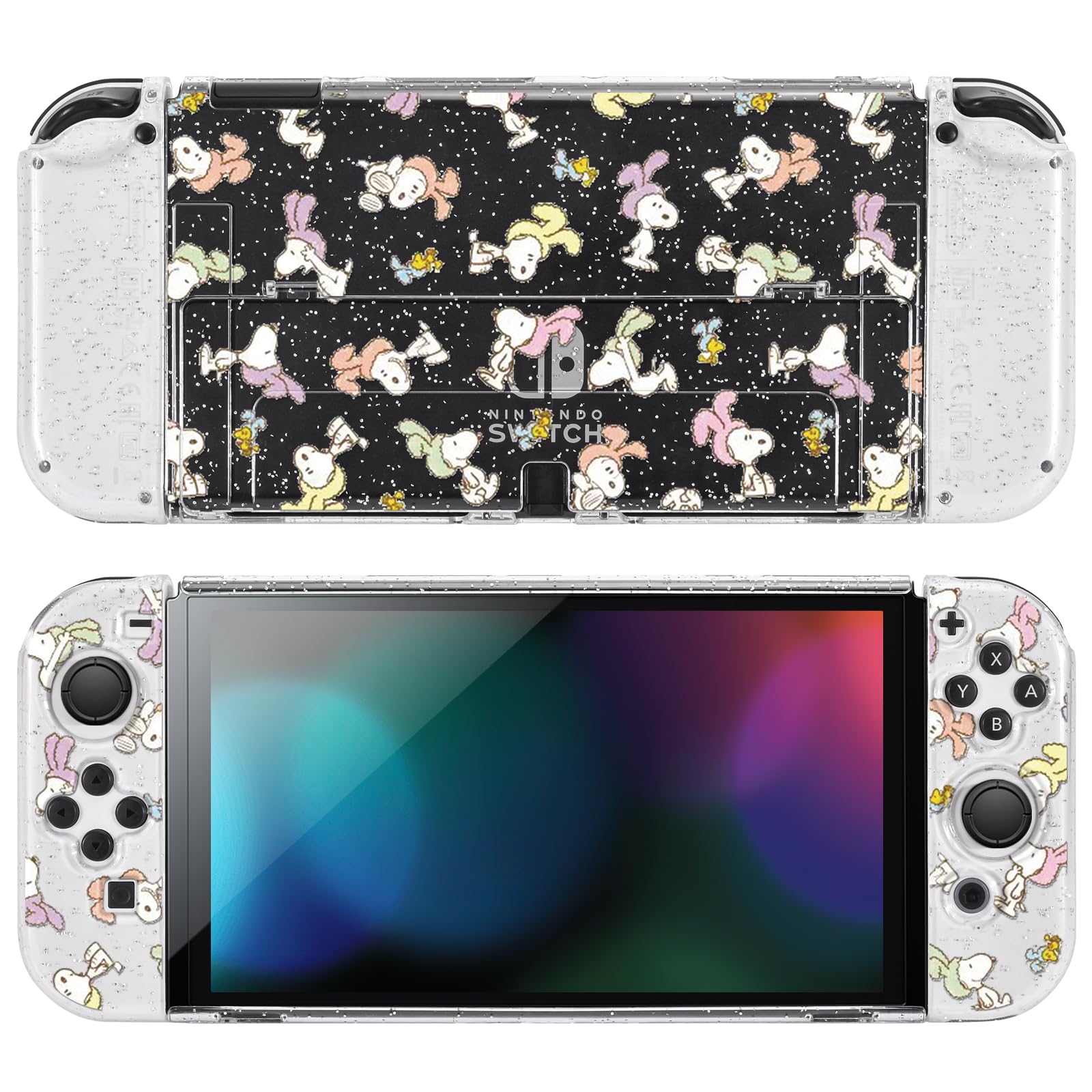DLseego スヌーピー Switch Oled 用 ケース クリアケース スイッチ有機el カバー 透明スイッチカバー 有機elモデルケース Switch クリアカバー 分体式カバー PC素材 超軽量 耐衝撃 取り外し簡単 傷つけ防止 全面保護 可愛い キラキラ スヌーピーうさ耳帽子