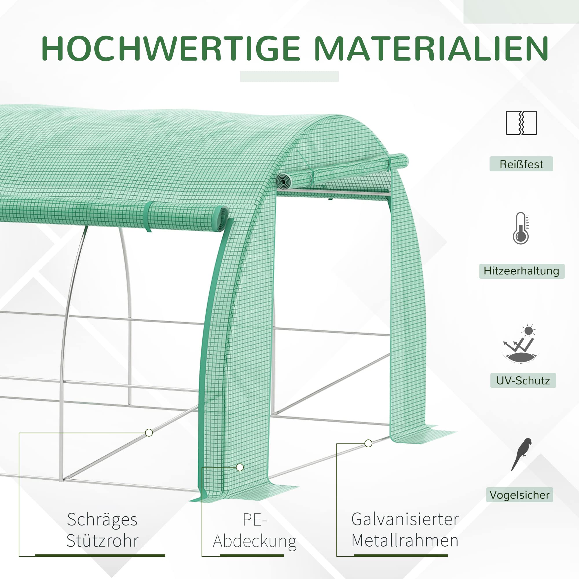 Outsunny Foliengewächshaus Polytunnel 6 x 3 x 2 m Begehbar UV-Schutz Grün | Aufrollbare Abdeckungen, Folientunnel, Treibhaus, Stahlrohr, Tunnel Gewächshaus 6x3