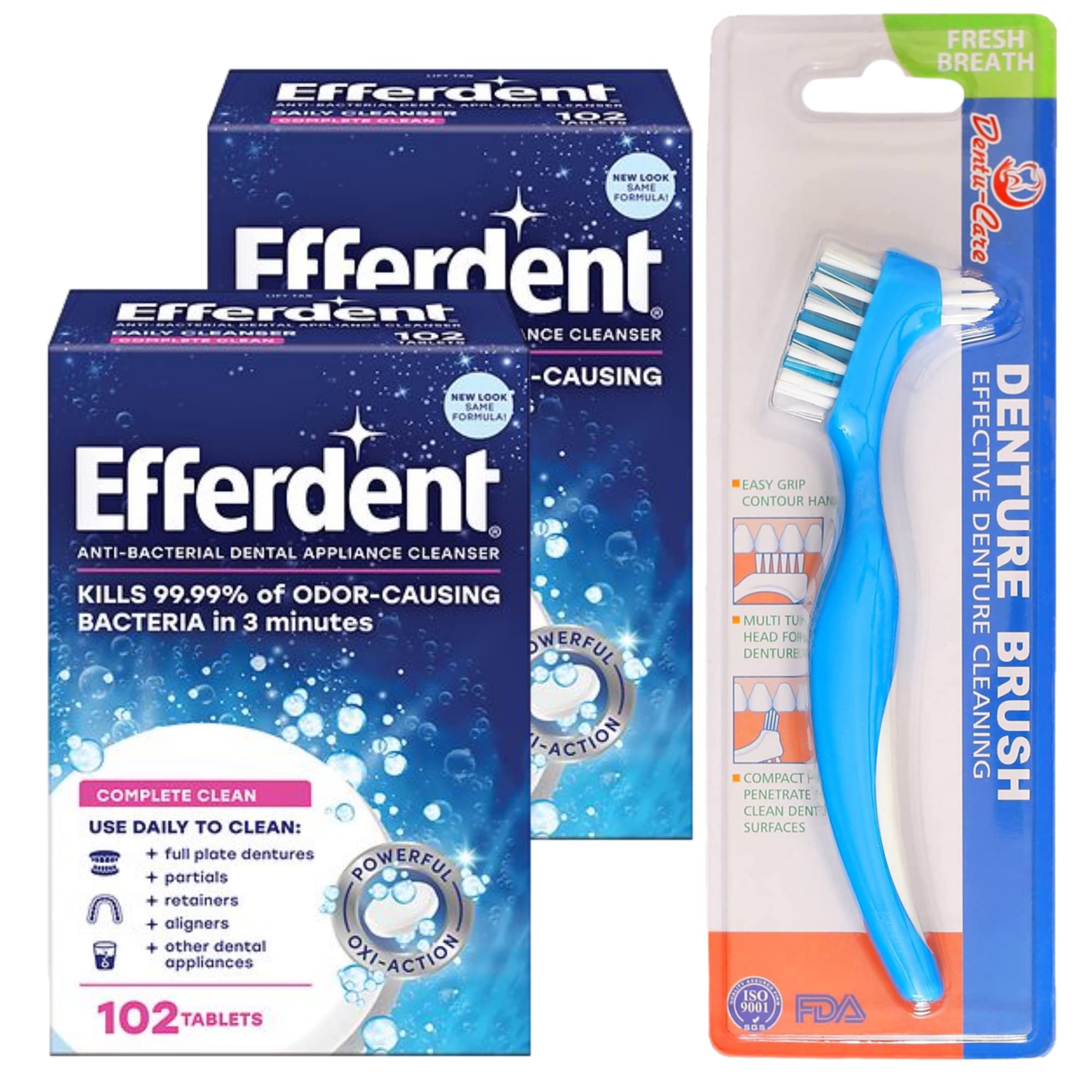 Efferdent Denture Cleanser Complete Clean 204 Tablets Bundle with Dentu-Care Denture Brush for Maintaining Good Oral Care for Full Partial Dentures
