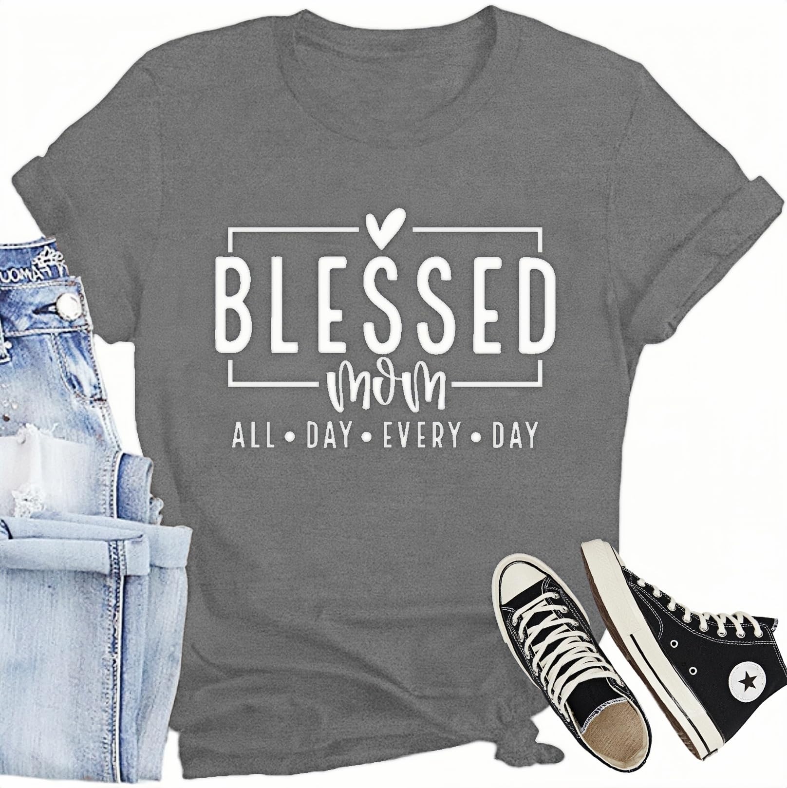 CQF Women Mom Shirt Blessed Mom All Day Every Day Letter Print T-Shirt Best Mama Tee Tops
