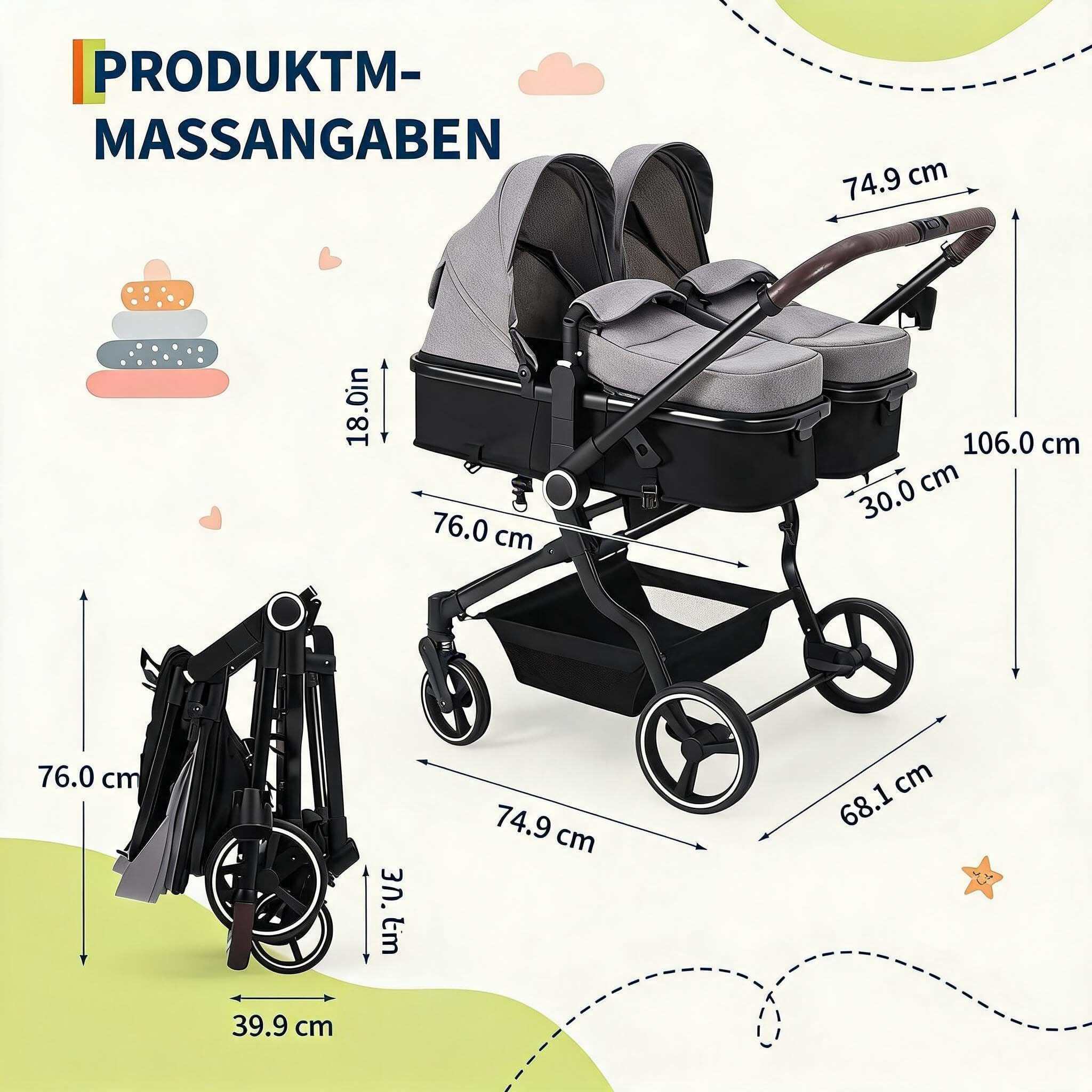 Zwillingsbuggy 0-3 Jahre Leicht Handlich Doppelkinderwagen Sonnenschutzsegel Double Pushchair