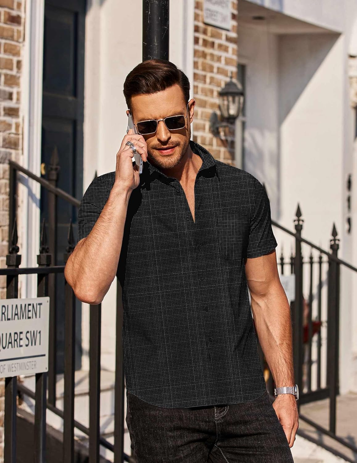 COOFANDY Mens Short Sleeve Button Down Shirts Wrinkle Free Dress Shirts Casual Polka Dot Print Shirt with Pocket