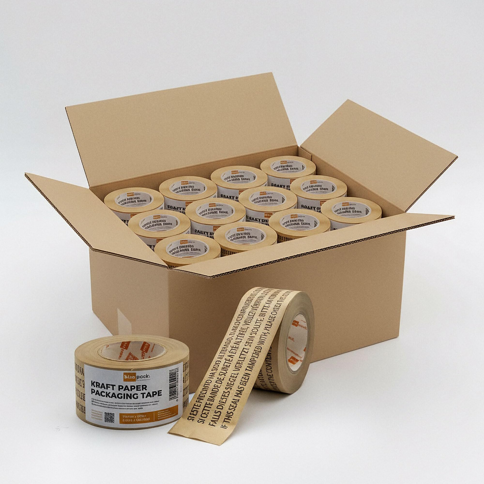 Caja Profesional de 24 Rollos de Cinta de Papel Kraft Engomada Activada por Agua, 70 mm x 100 m, Precinto de Seguridad Impreso, Adhesivo Vegetal, Mandril de 76 mm