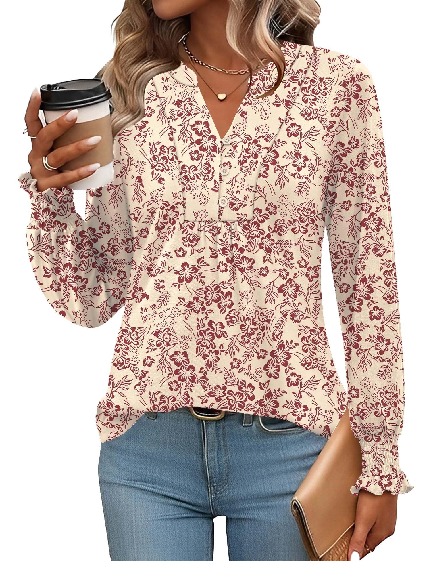 Rapbin Bluse Damen V-Ausschnitt Knopfleiste T-Shirt Tunika Kurzarm Top Sommer Oberteile Elegant Casual