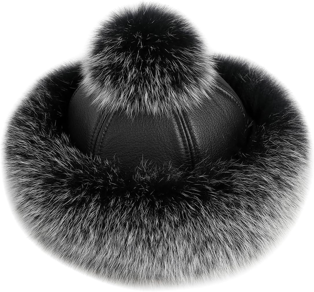 Women's Winter Sheepskin Leather Bucket Hat with Fox Fur Trim