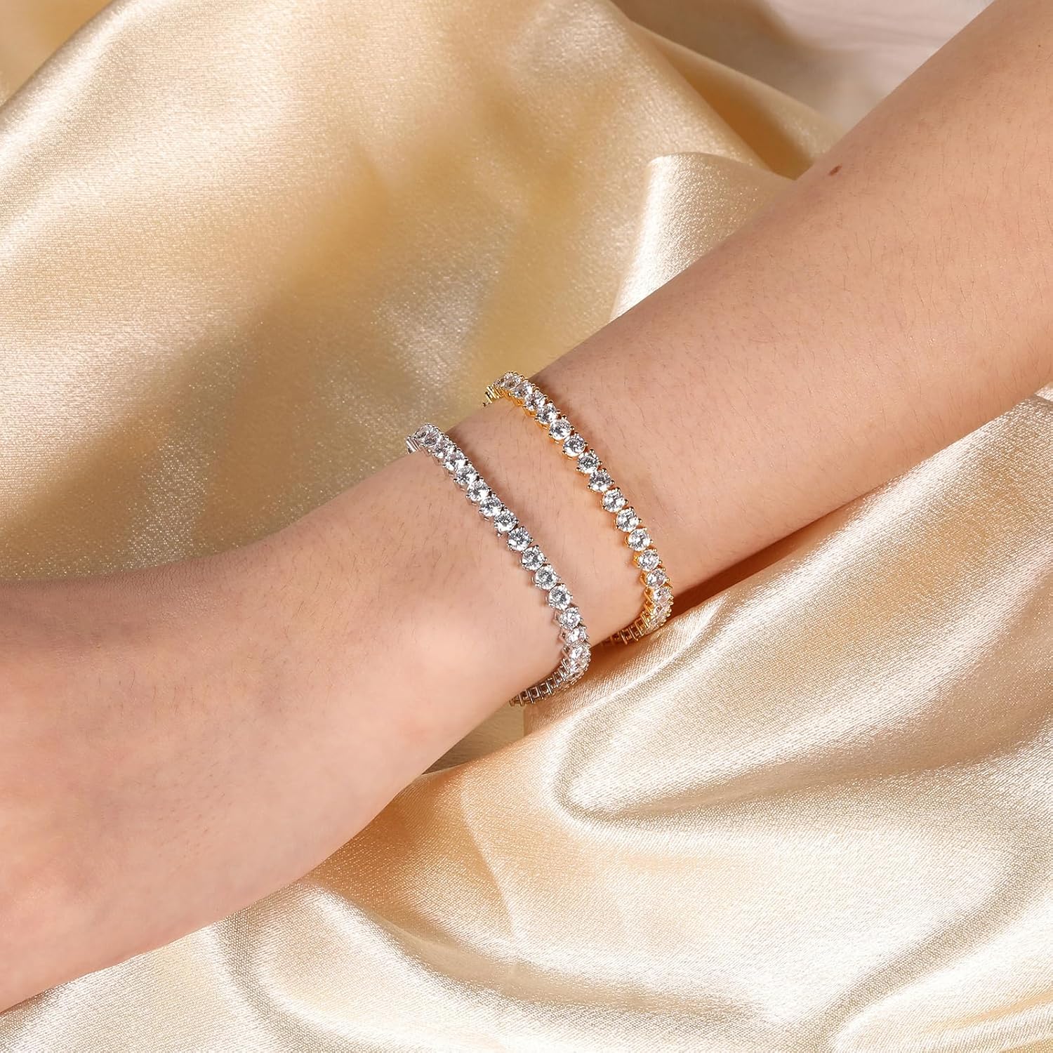 Tennis Bracelet for Women|3MM Simulate Diamond Bracelets|3-Prong-Setting CZ|18k White/Yellow Gold Plated - Image 4