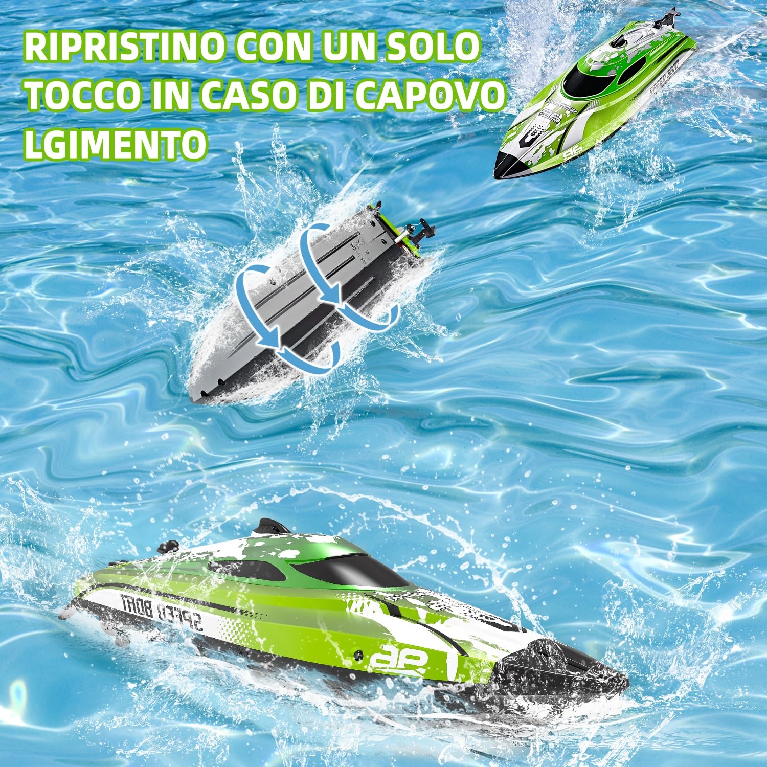 25KM/H Barca Telecomandata da 6 a 8 Anni, Motoscafo Radiocomandato con Luce LED, Barca Radiocomandata a 2.4GHz, 2 Batterie per 40 Minuti di Gioco, Motoscafo Telecomandato per Adulti e Bambini (Verde)