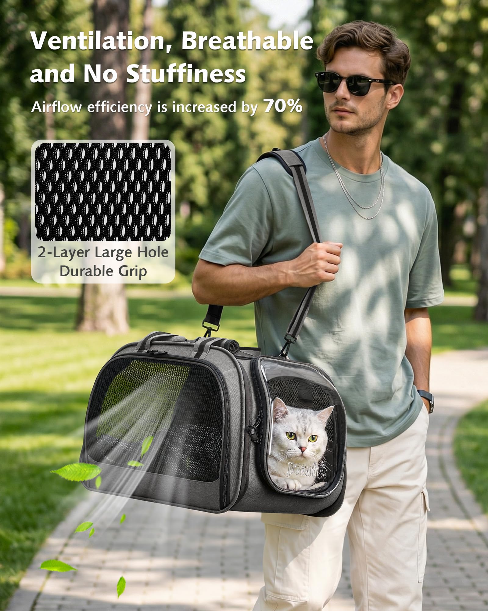 pecute Transportín Gato Grande, Coche Cero Ansiedad | Bolsa de Transporte Estructura de Acero Antideformación de 5mm, Persiana Enrollable de Privacidad, Ventana de Burbuja, Talla M, Gris