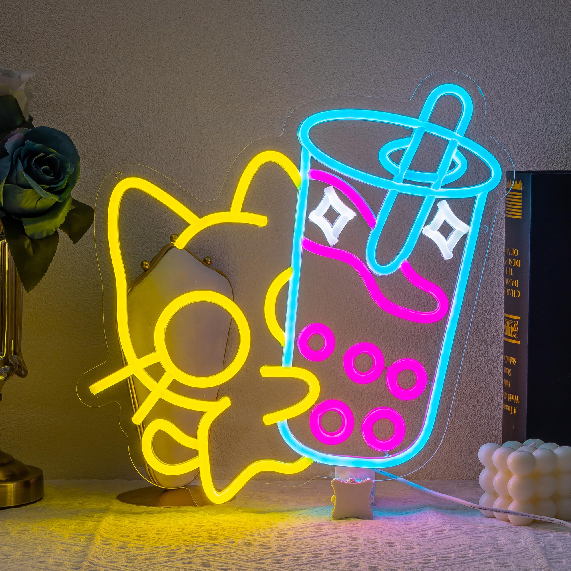 Cat Neon Sign Bubble Tea Neon Light Colorful LED Neon Sign for wall Decor Boba Tea LED Neon Light for Bedroom Bar Coffee Dessert Stores Zoo Decoration