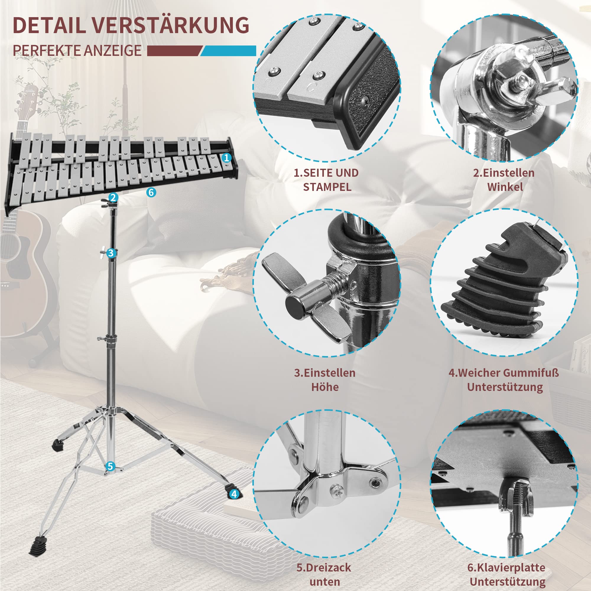 OUUTMEE xilofono 32 note Kit xilofono glockenspiel percussion con supporto regolabile in altezza, bacchette per batteria