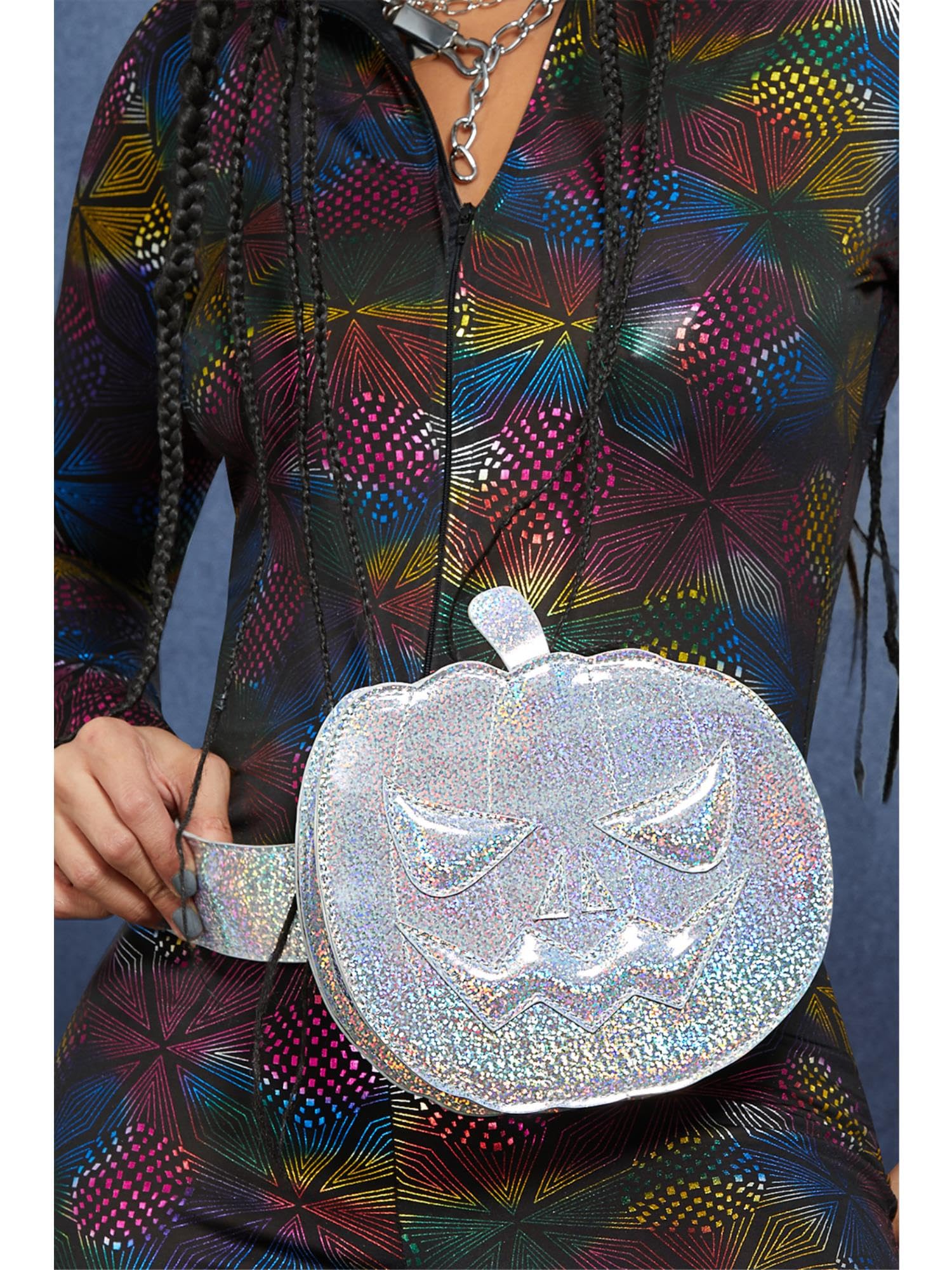 Smiffys Fever Holographic Pumpkin Bum Bag, Silver, Fever Accessories Fancy Dress, Fever Dress Up Accessories