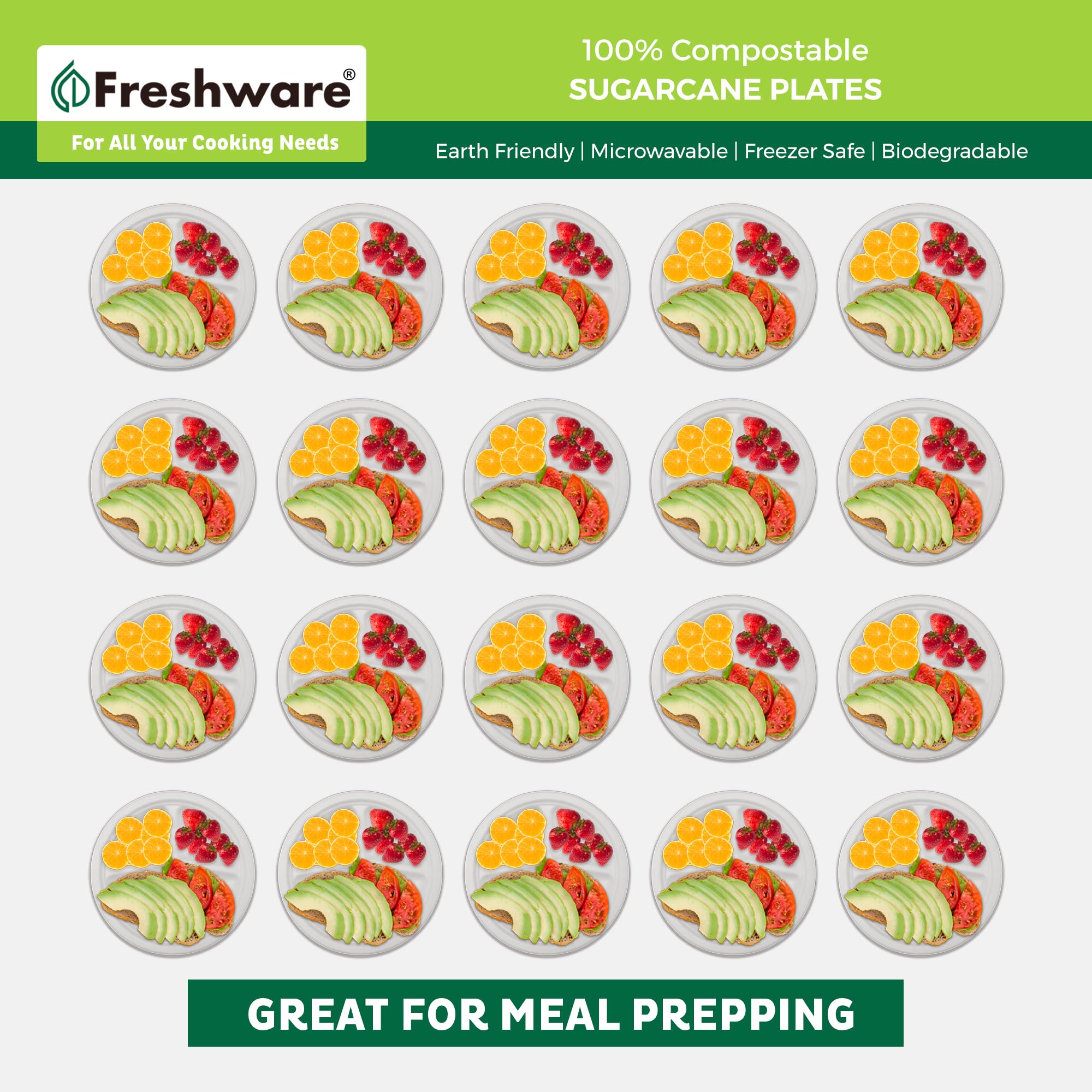 Freshware Pappteller, Einwegteller, 25,4 cm, biologisch abbaubar, Zuckerrohrfaser, robustes Geschirr, mikrowellen- und gefriergeeignet, stapelbares Geschirr, 3 Fächer, 125 Stück