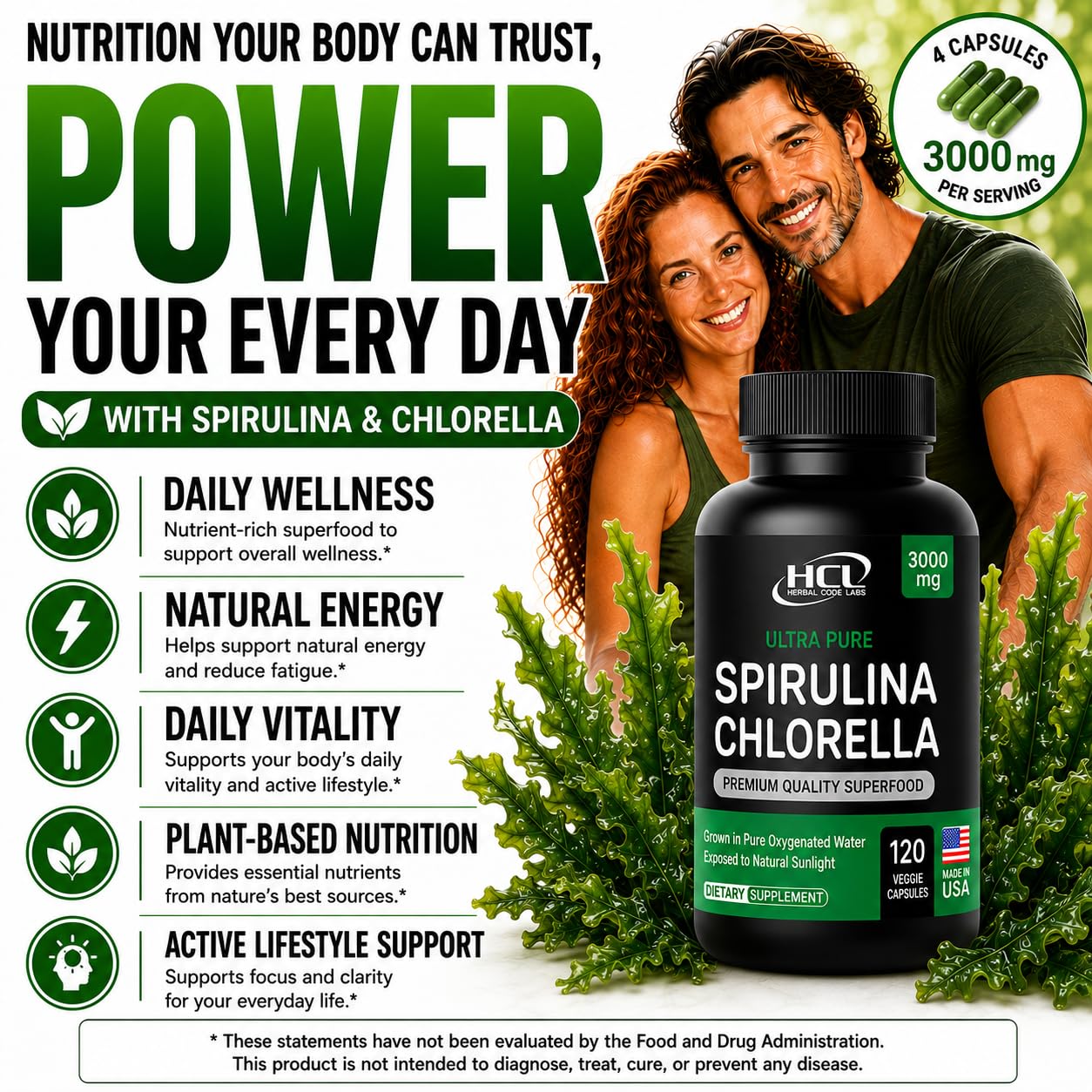Chlorella Spirulina Powder Capsules 3000 mg of BMAA Free Purest Blue Green Algae - Best Natural Detox Raw Vegan Vitamins Protein Green Superfood - Made in USA — Amazon image 8