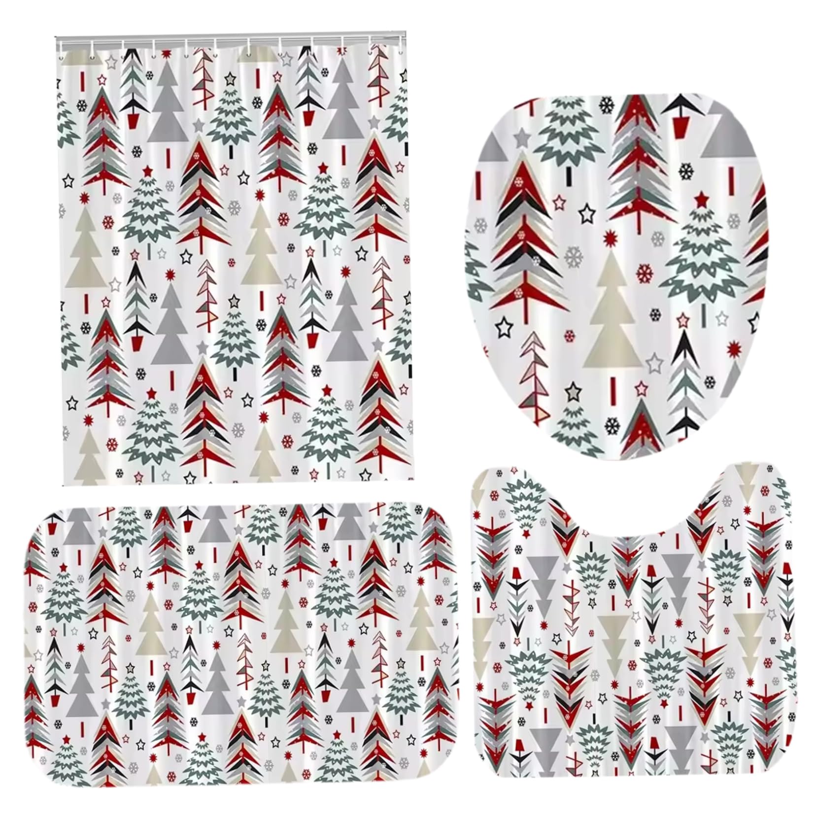 Rideau de douche Noël imperméable avec tapis de bain antidérapant et ensemble wc 4 pièces