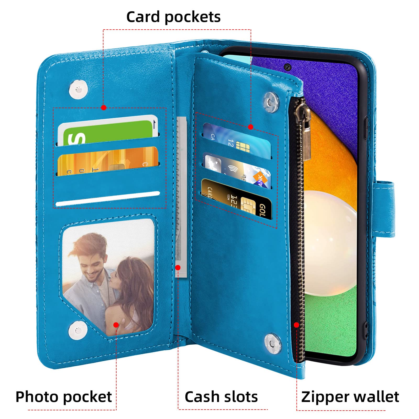 Asuwish Compatible with Samsung Galaxy A52/A52S 5G Wallet Case and Tempered Glass Screen Protector Leather Flip Card Holder Cell Phone Cover for Glaxay A 52 S 4G G5 Gaxaly 52A S52 52S Women Men Blue