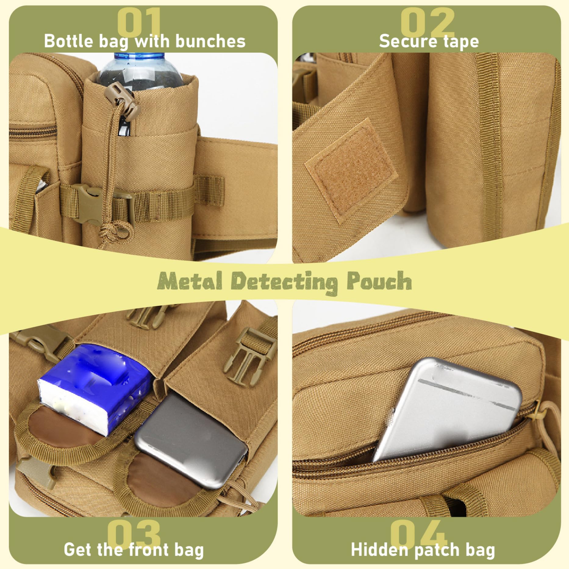 Accessoires de détecteur de métaux, pochette détection métal, 9.1x3, 5x7, 5 pouces sac en nylon rétractable en nylon avec une poche multifonctionnelle, sac à vélo fixe pour extérieur, détection