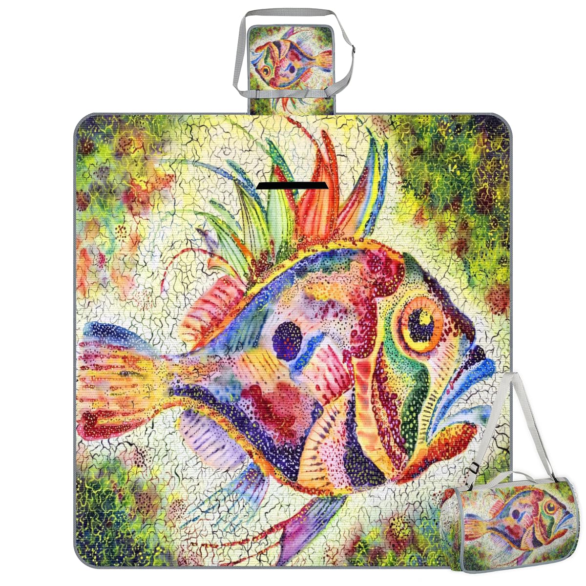 Shimoshe Picnic Blankets 57”x 59”, Graffiti Sea Animal Fish Waterproof Sandproof Picnic Mat Lightweight Foldable Beach Blanket for Camping Park Grass Beach Outdoor Blanket