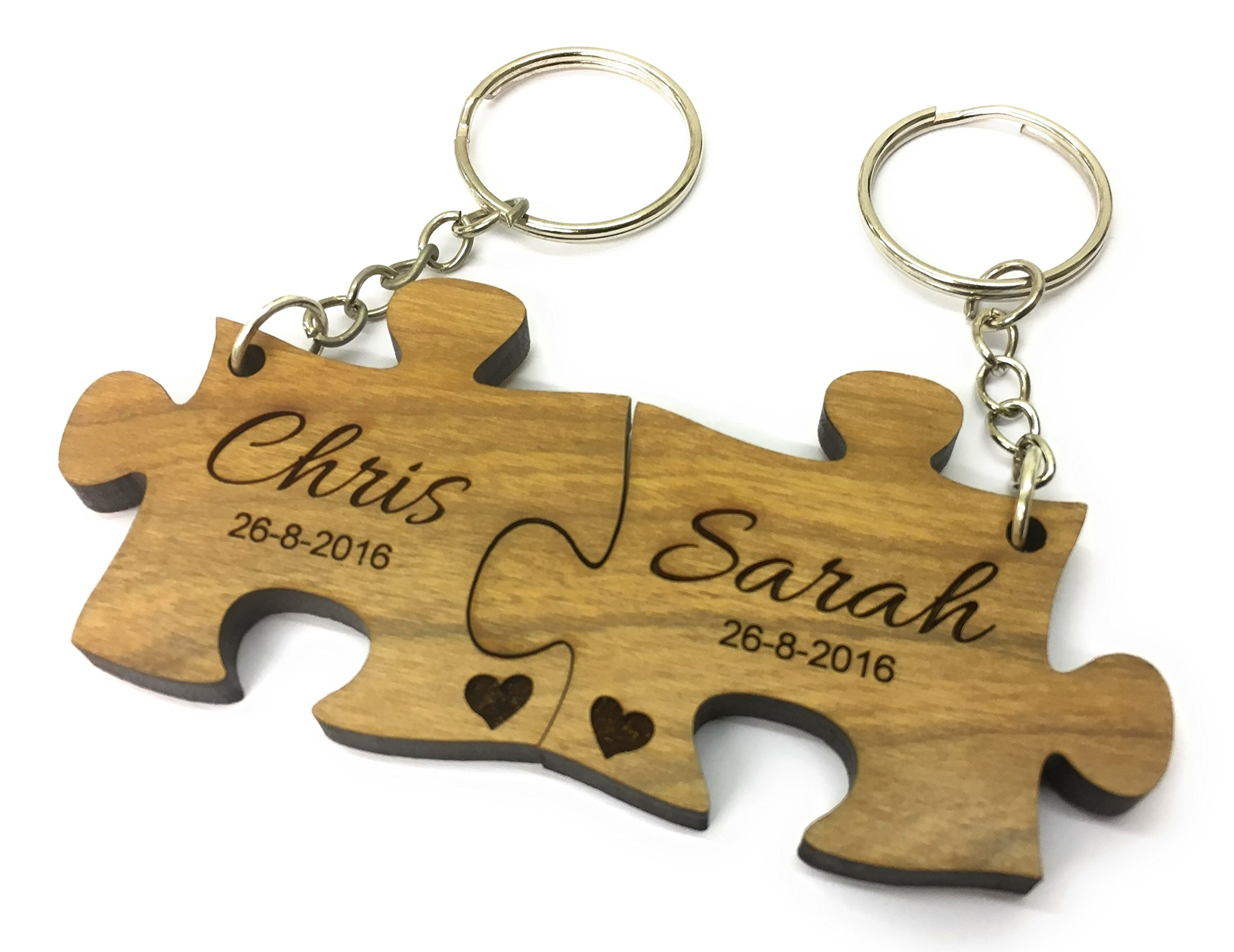 Rutherfords Gifts Solid Cherry Wood Personalised Jigsaw Keyrings for Weddings Anniversary Love Couples Gift